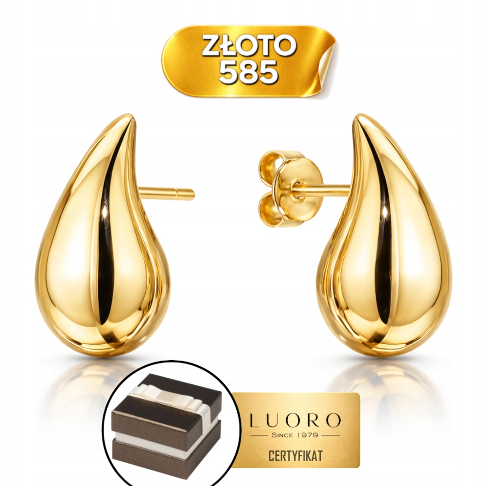 Náušnice Zlaté 585 14k Velké Hladké Kapky Krásné Dárek