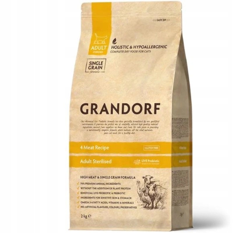 Grandorf Sterilized 4 Mięsa 2kg karma z probiotykami dla kota