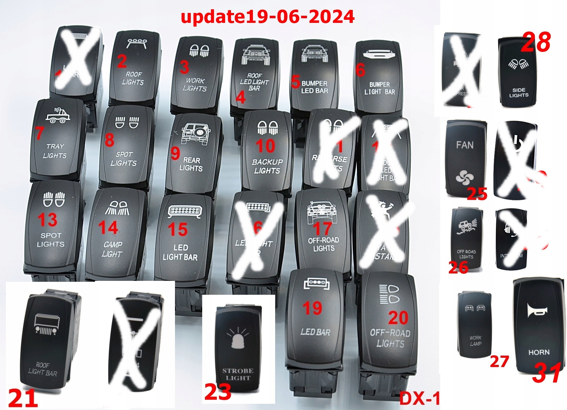 Przełącznik carling LED BAR 4 kolory 30 wzorów ON-OFF 5 pin IP 67 Numer katalogowy części DX-1-LB