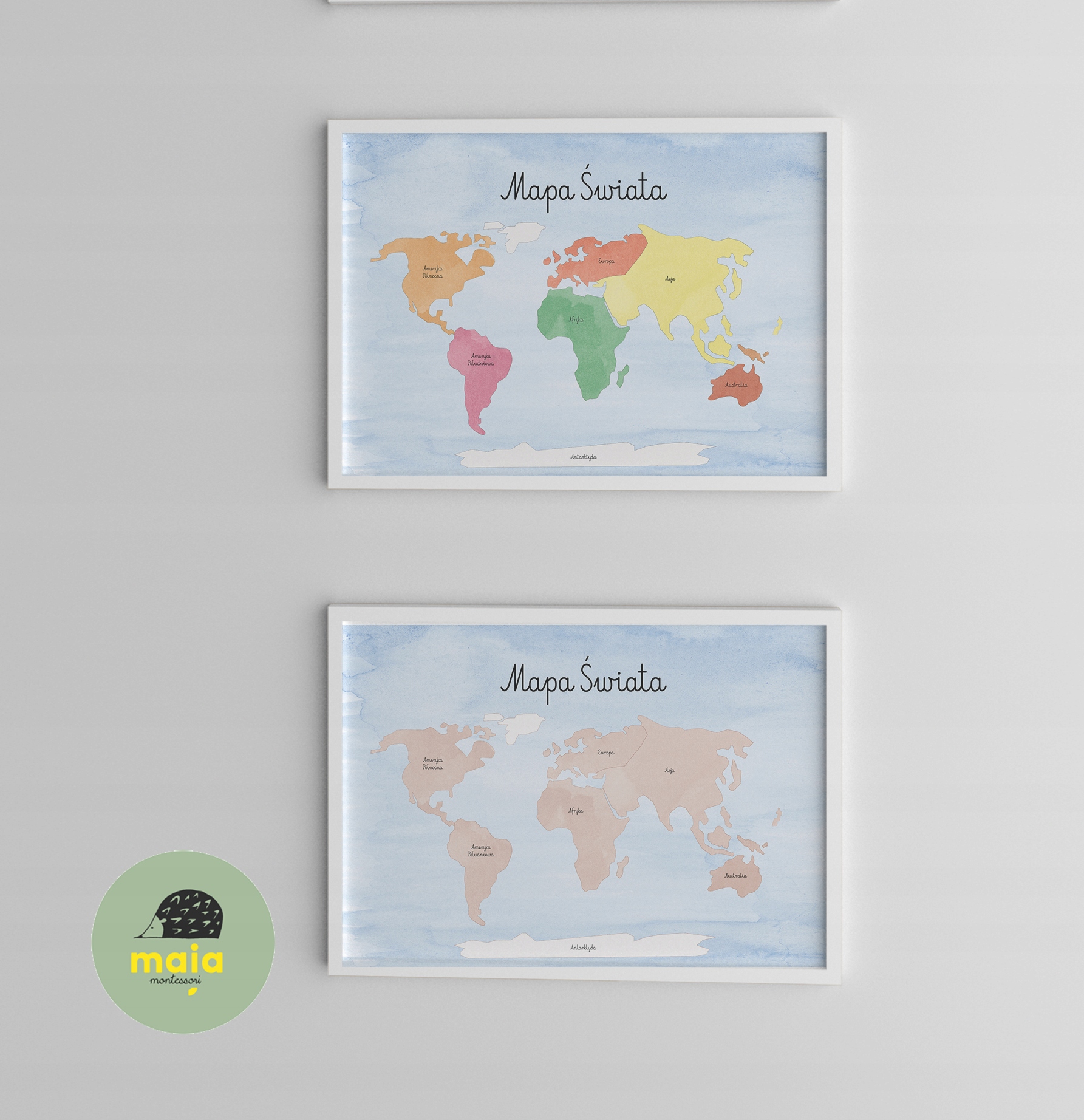 Plakat Mapa Świata Kontynenty A4 Montessori