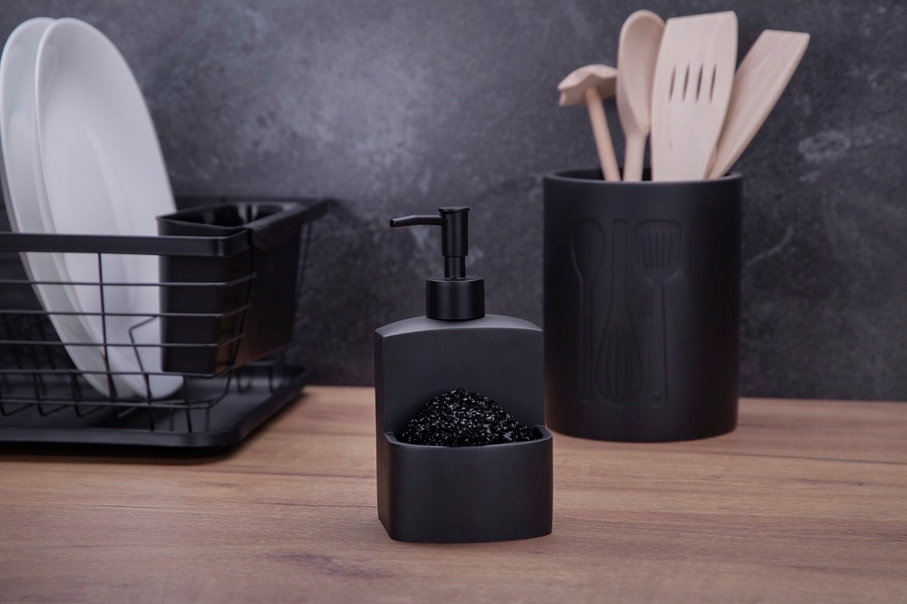 Dozownik na płyn do mycia naczyń z gąbką w zestawie SANDY czarny kamienny Marka Galicja