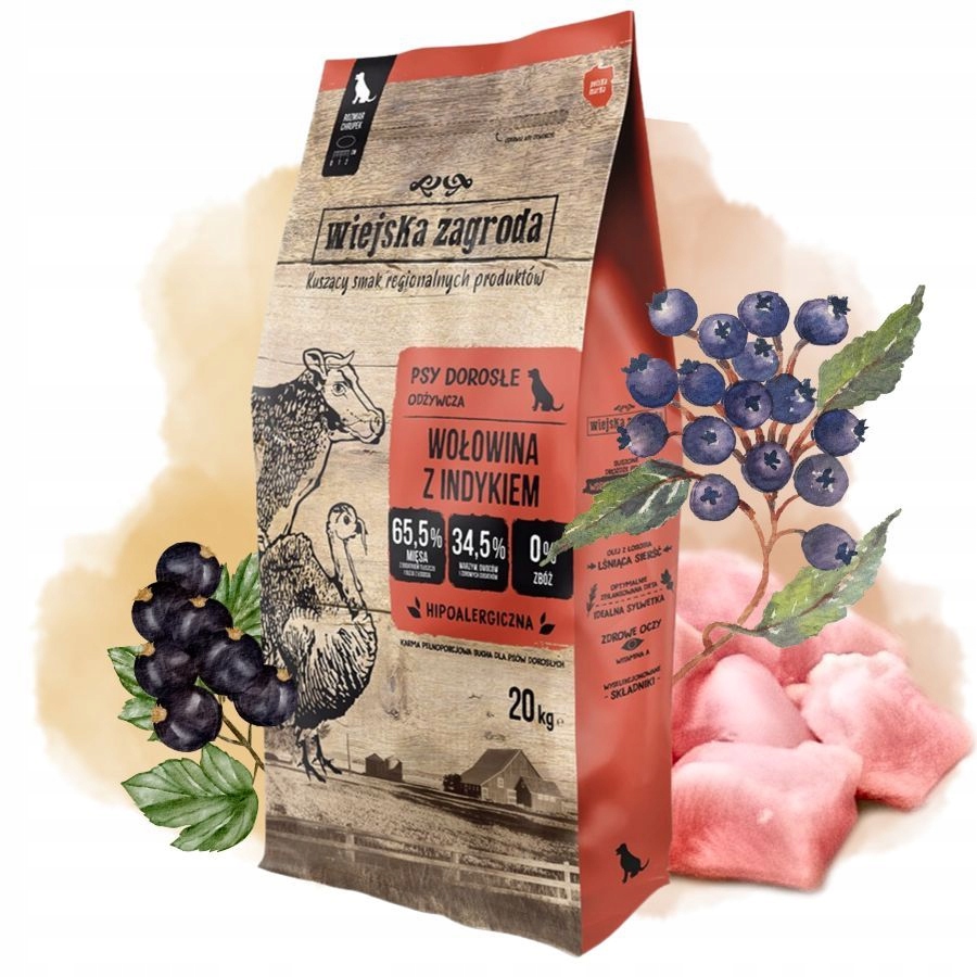 Wiejska Zagroda Karma sucha dla psa WOŁOWINA INDYK WARZYWA Duże rasy L 20kg