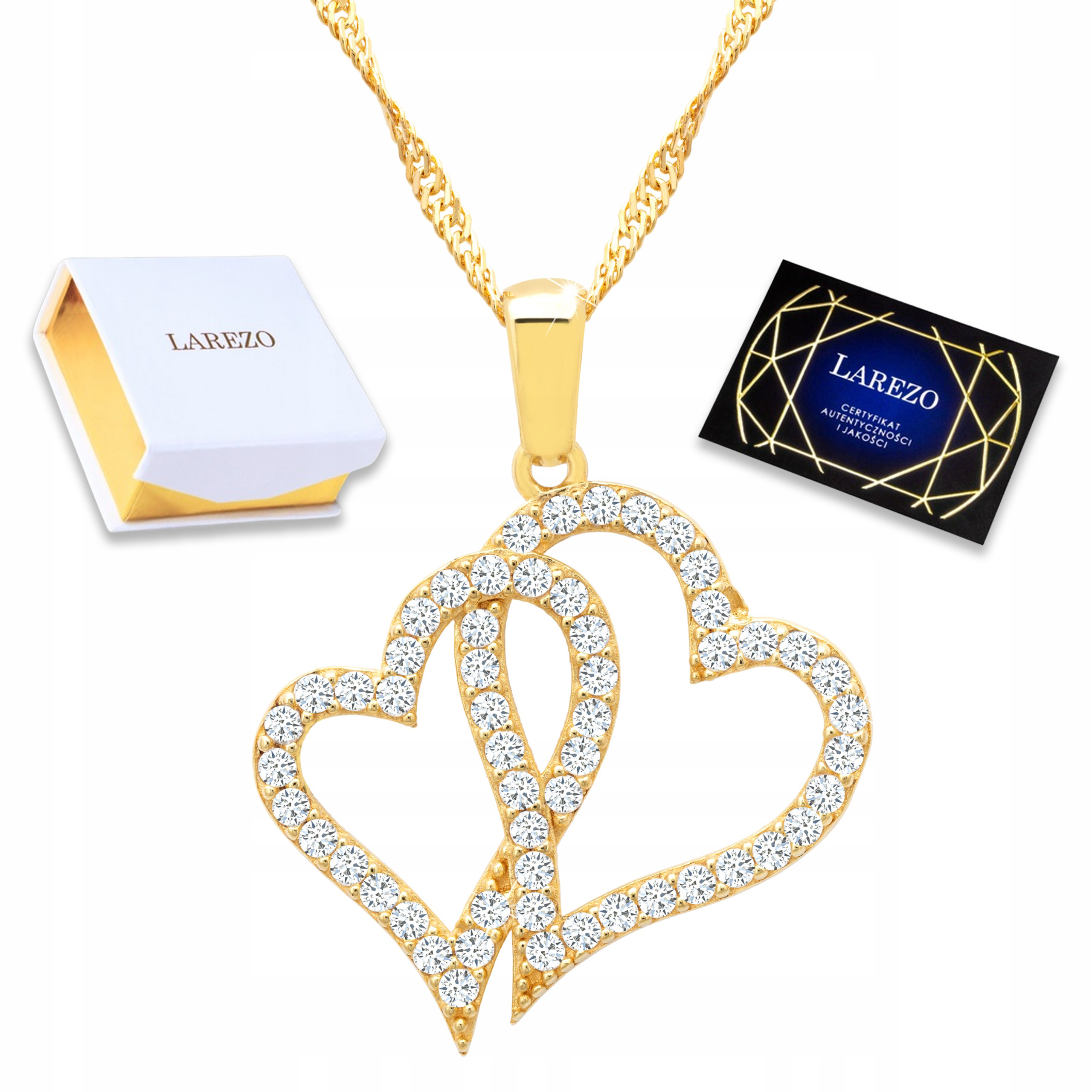 Zlatý náhrdelník Dvojité srdce Láska Dvě Srdíčka Zirkony Stříbro 925