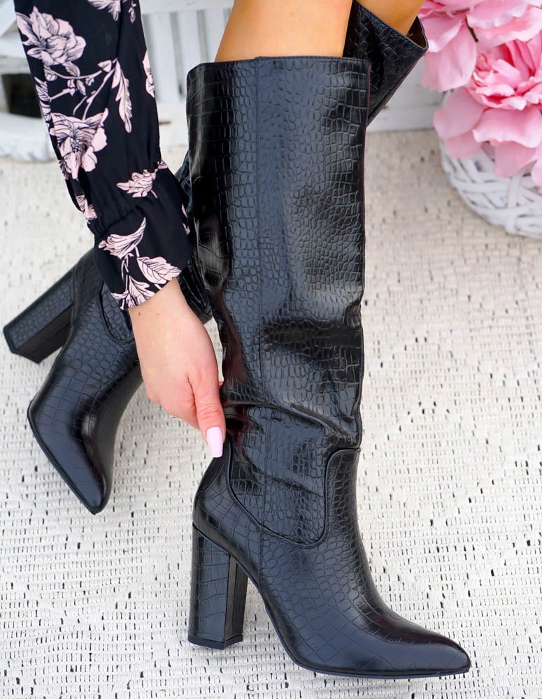 Długie Czarne Kozaki Ze Skóry Na Obcasie Valeria 38 Kolor czarny