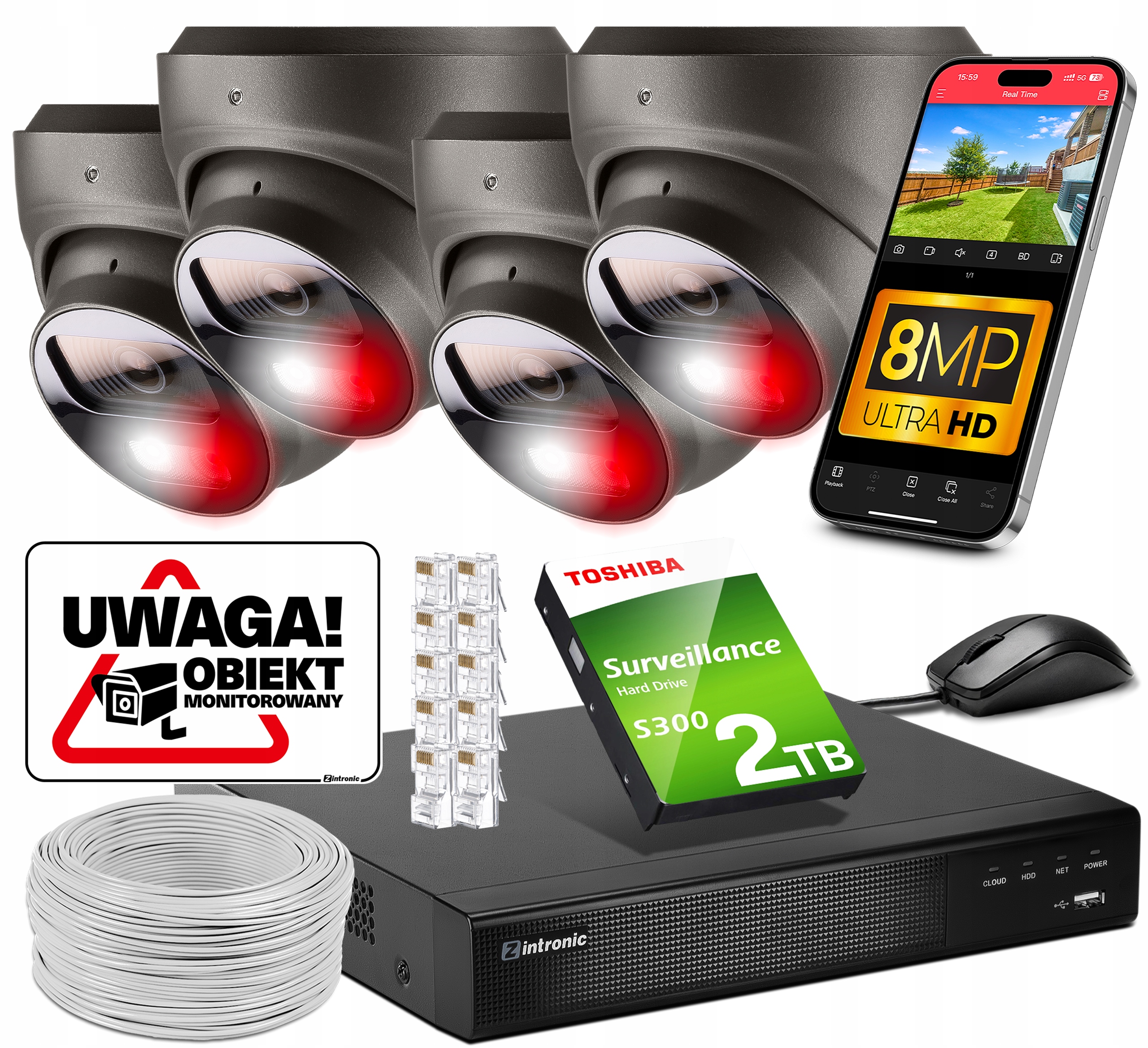 Sada pro Monitorování 4 kamer Poe 4K Ultra Hd 8Mpx Šedé kopule Detekce 2TB