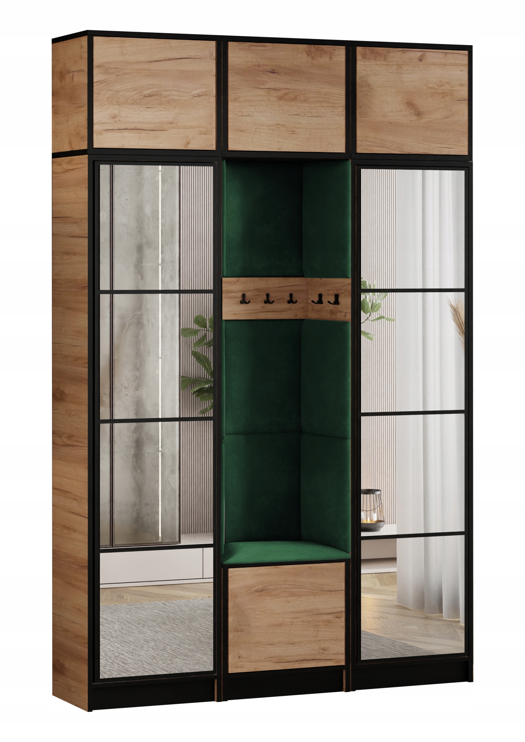 Šatní skříň Costa 12 dub craft zelená tkanina, sedák s nástavcem