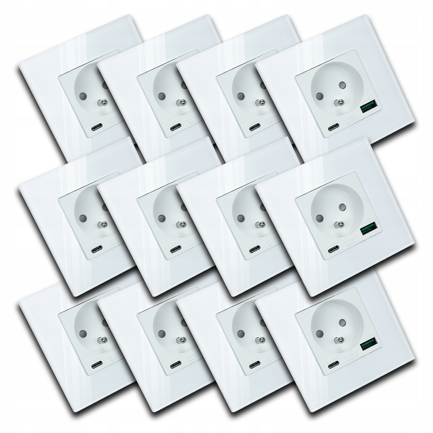 12 x Skleněná Bílá Elektrická Zásuvka Kontakt Nástěnná Usb Nabíječka