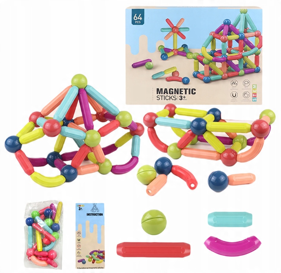 

Magnetyczne Klocki 64 szt Tęczowe Klocki Zestaw