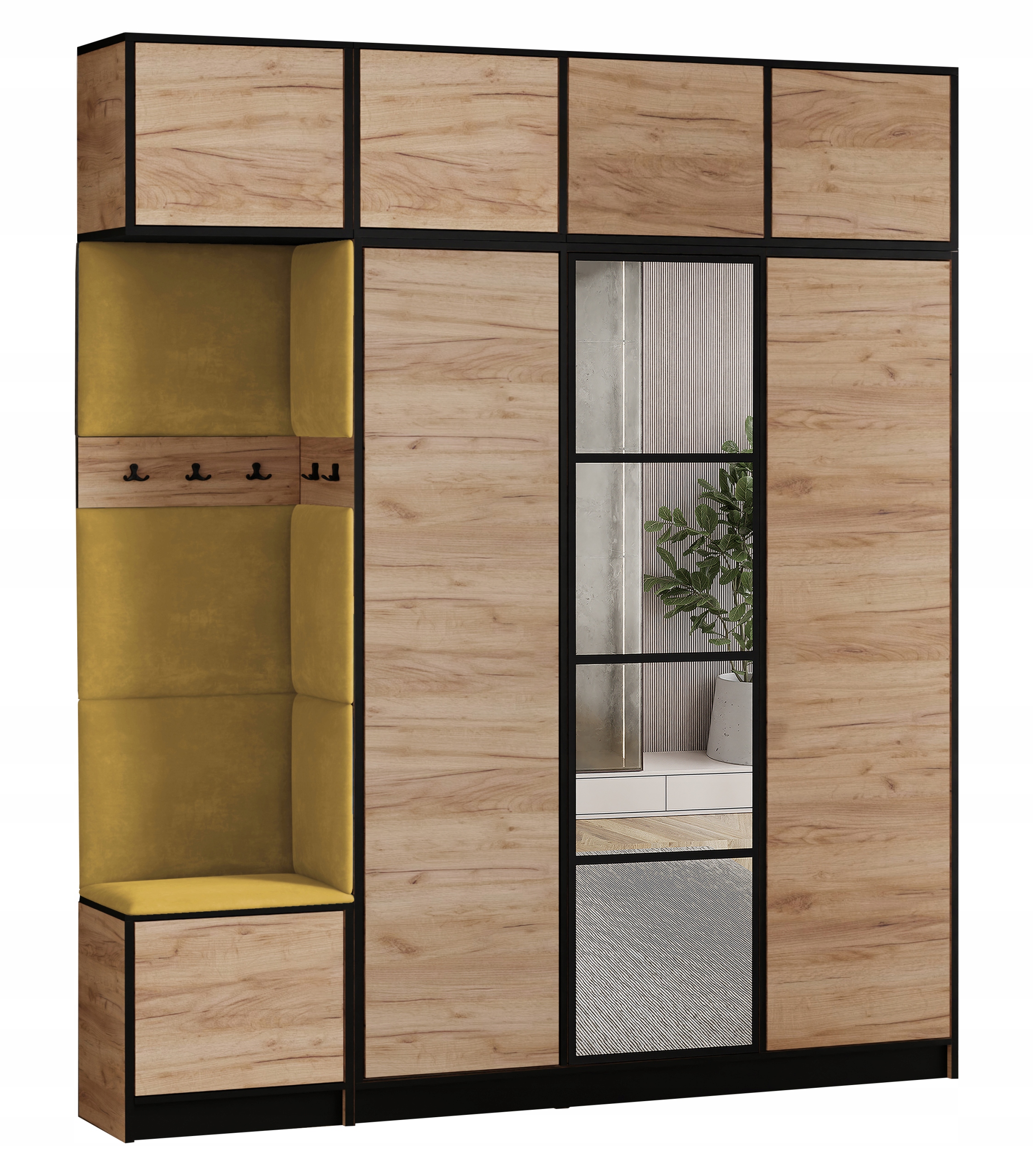 Šatní skříň Costa 14 dub craft zlatý žlutá tkanina, sedák s nástavcem