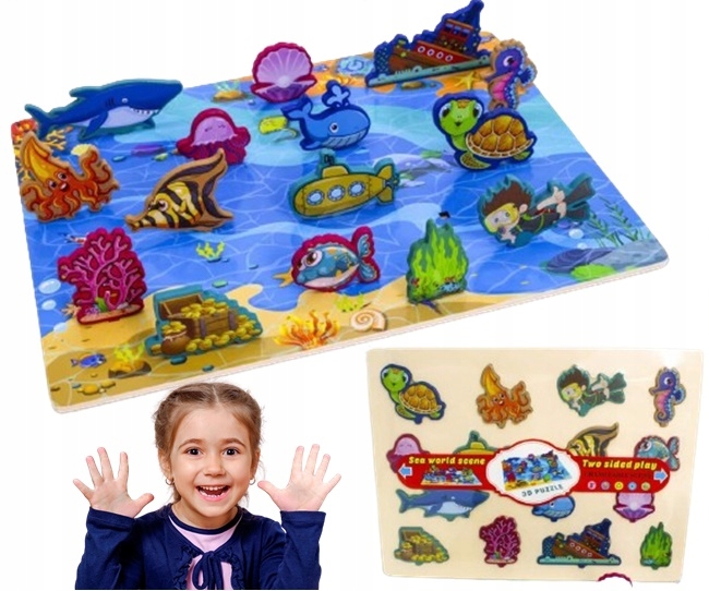 KREATYWNA UKŁADANKA DREWNIANA DWUSTRONNA KSZTAŁTY PUZZLE 3D 30x22 cm Marka AL