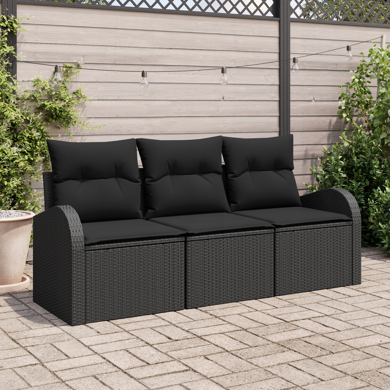 Ratanová sedací souprava na zahradu, černá, pro 3 osoby, hloubka sedu 60 cm