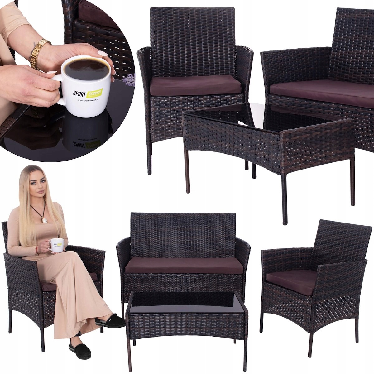 MEBLE OGRODOWE ZESTAW SOFA STOLIK FOTELE RATTANOWE KOMPLET MEBLI NA 5 OSÓB Materiał dominujący technorattan