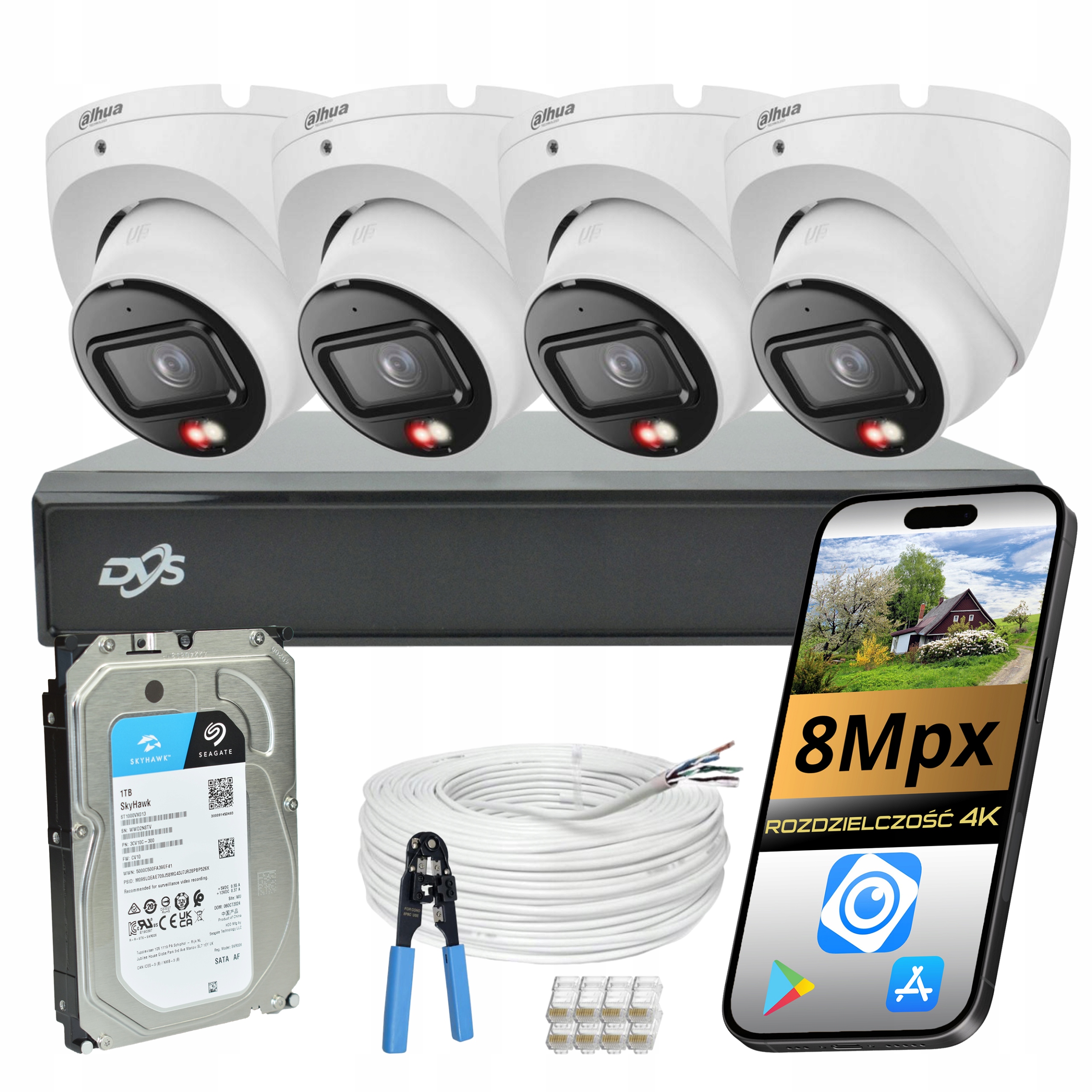 Sada Monitorování Dům firmy Dahua 4 Ip Poe kopulové kamery 8Mpx Ai Disk