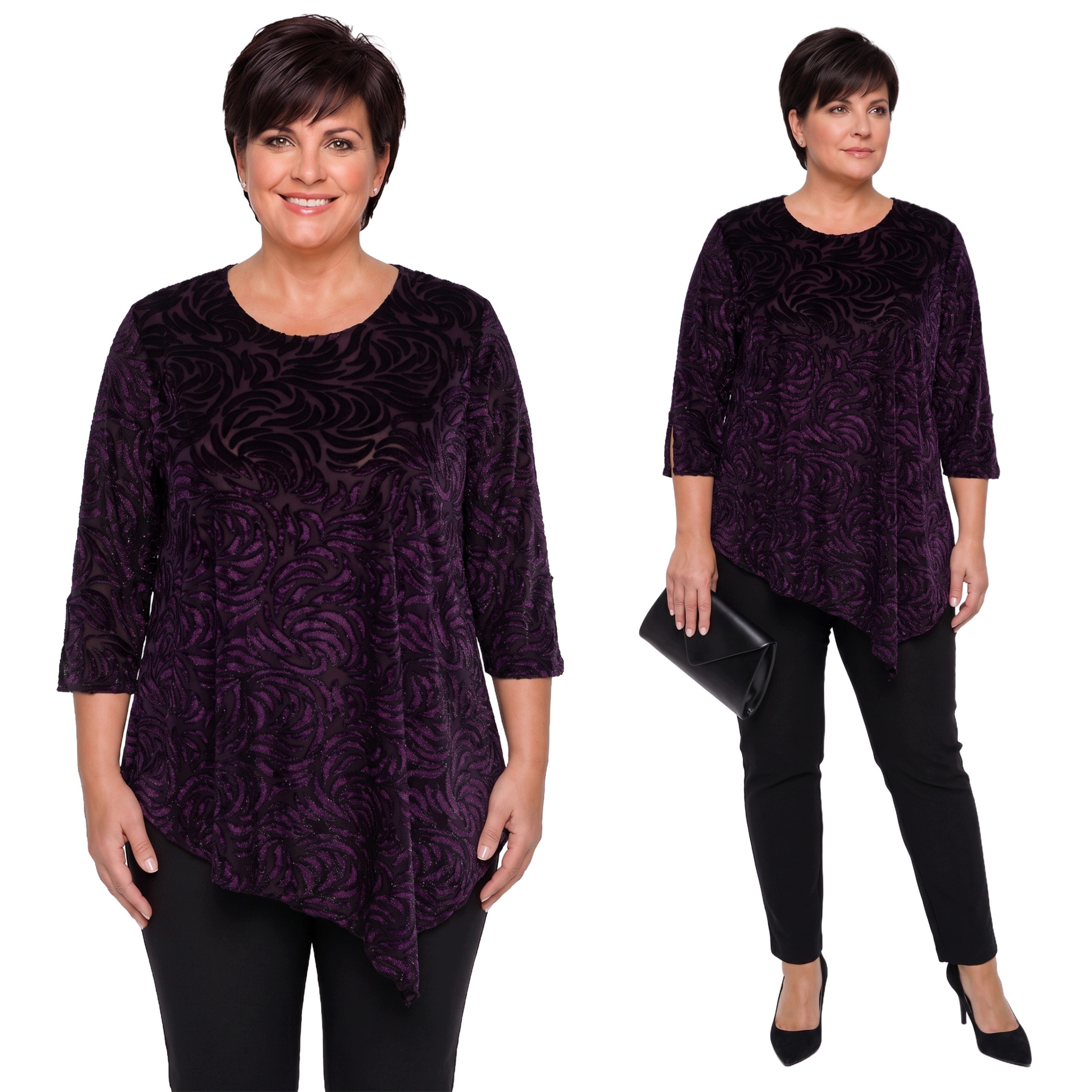 Fialová asymetrická tunika s fialovými vzory plus size velikost 56