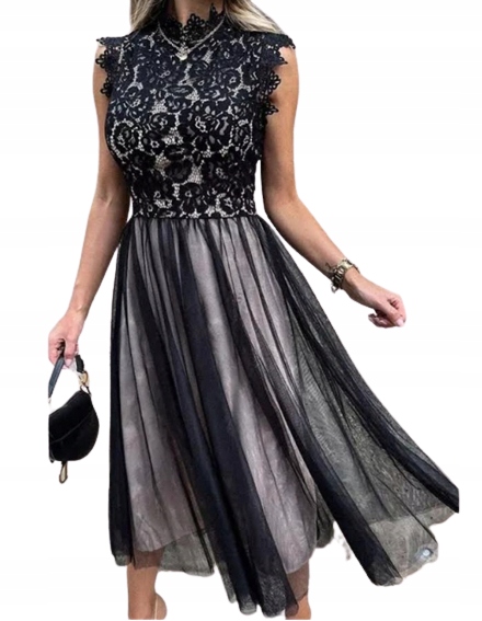 MD czarna sukienka beżowe podbicie tiul koronka S