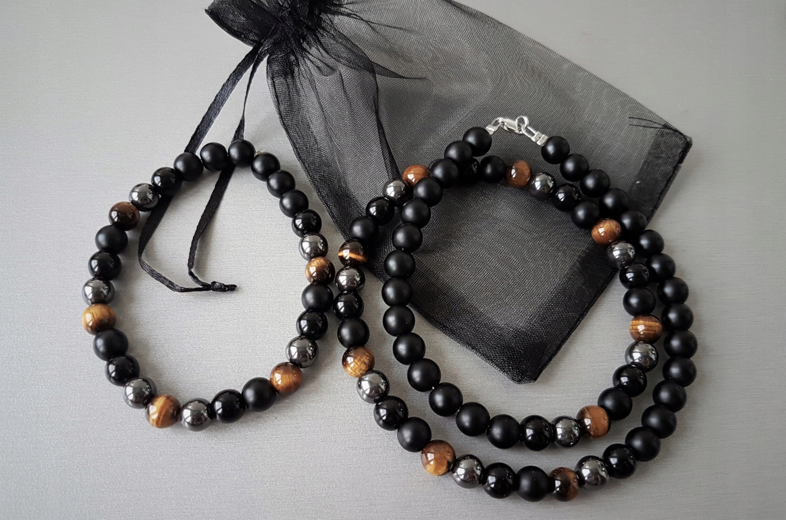 MĘSKI NASZYJNIK BRANSOLETKA ONYKS TYGRYSIE HEMATYT Marka Inna marka