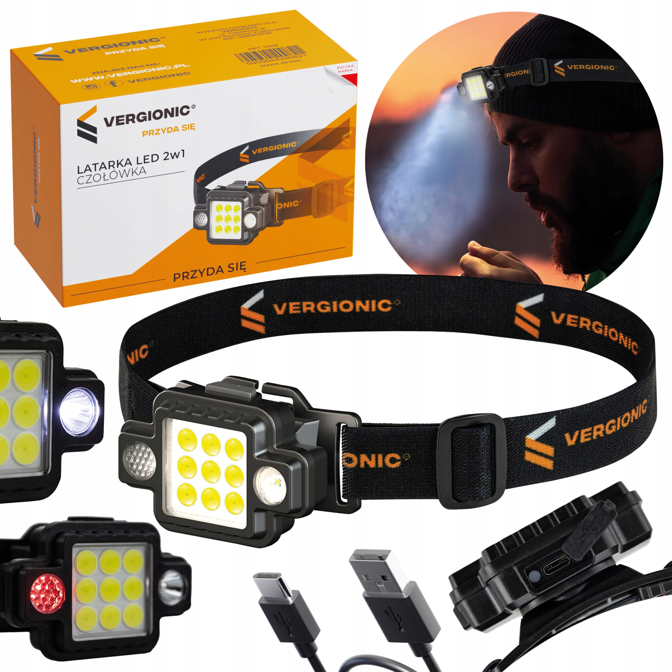 Czołówka Latarka LED 2w1 MOCNA 5W USB-C Marka Vergionic