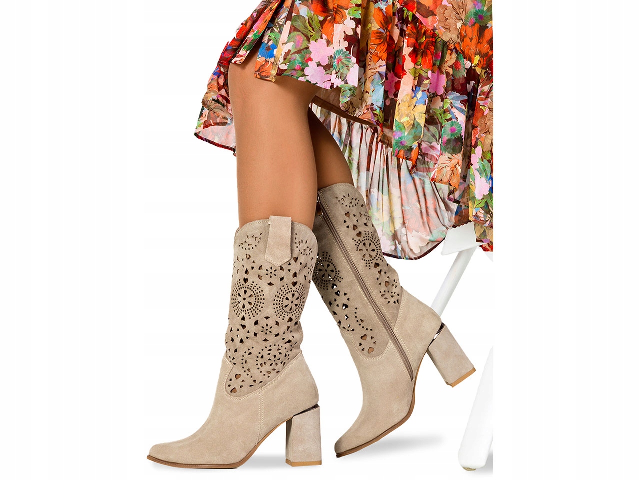 

Kozaki Kowbojki Skórzane Ażurowe Na Słupku New 41