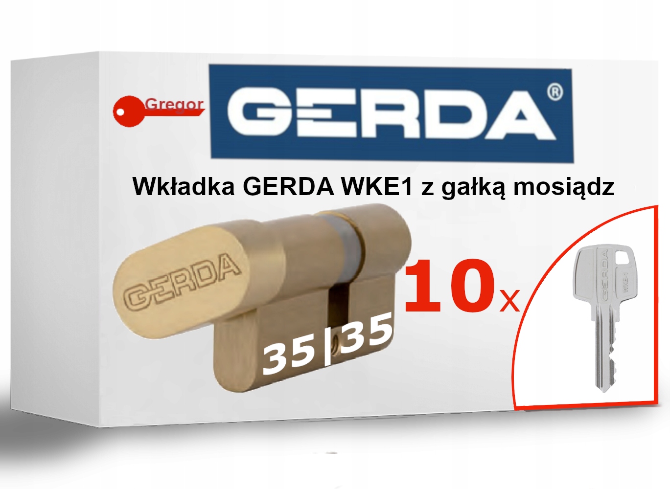 10 Kluczy Wkładka zamek Gerda WKE1 G35/35 mosiądz z gałką 10 kluczy
