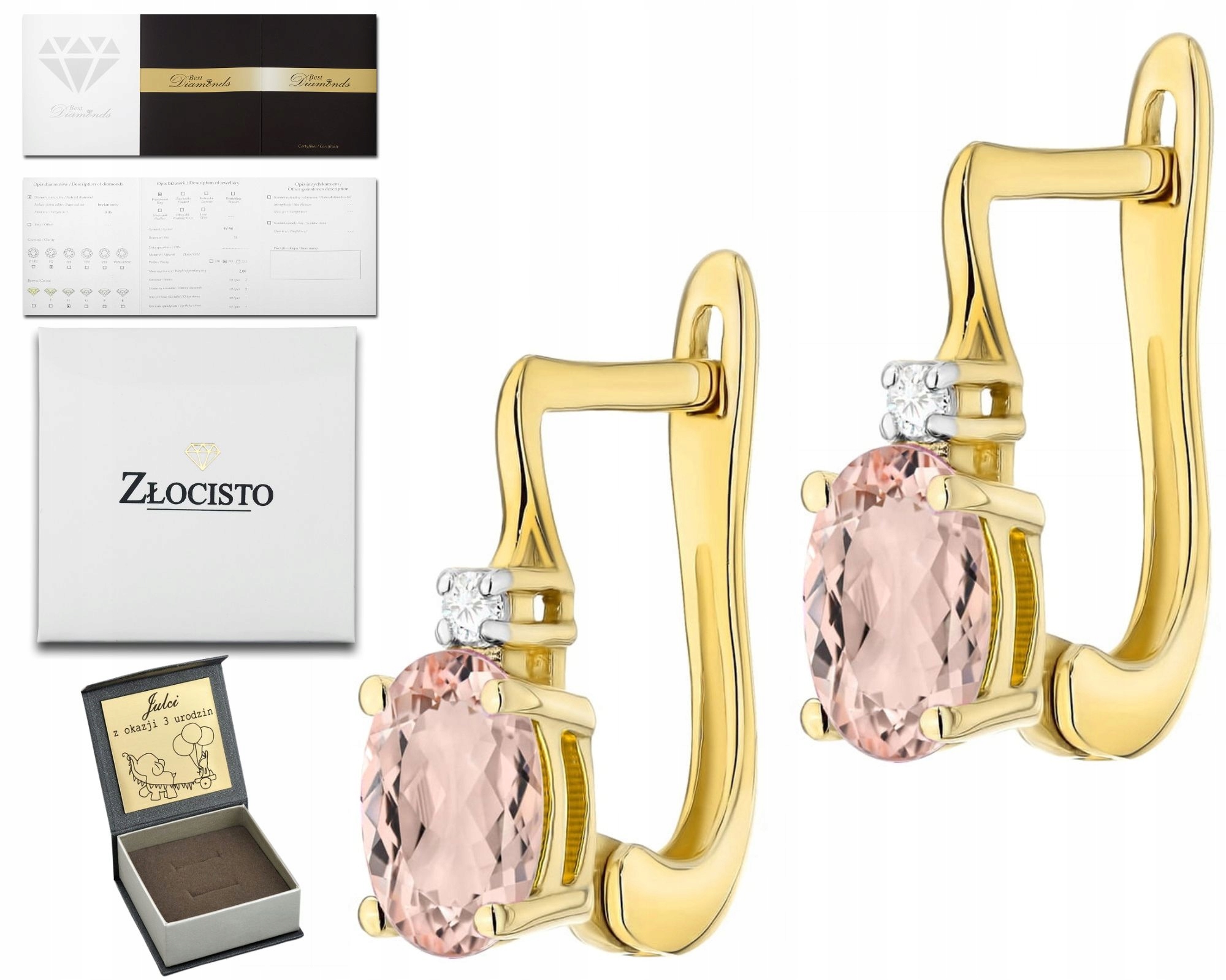 Moderní Náušnice Zlato 585 Přírodní Kámen Morganit Diamanty Dárek