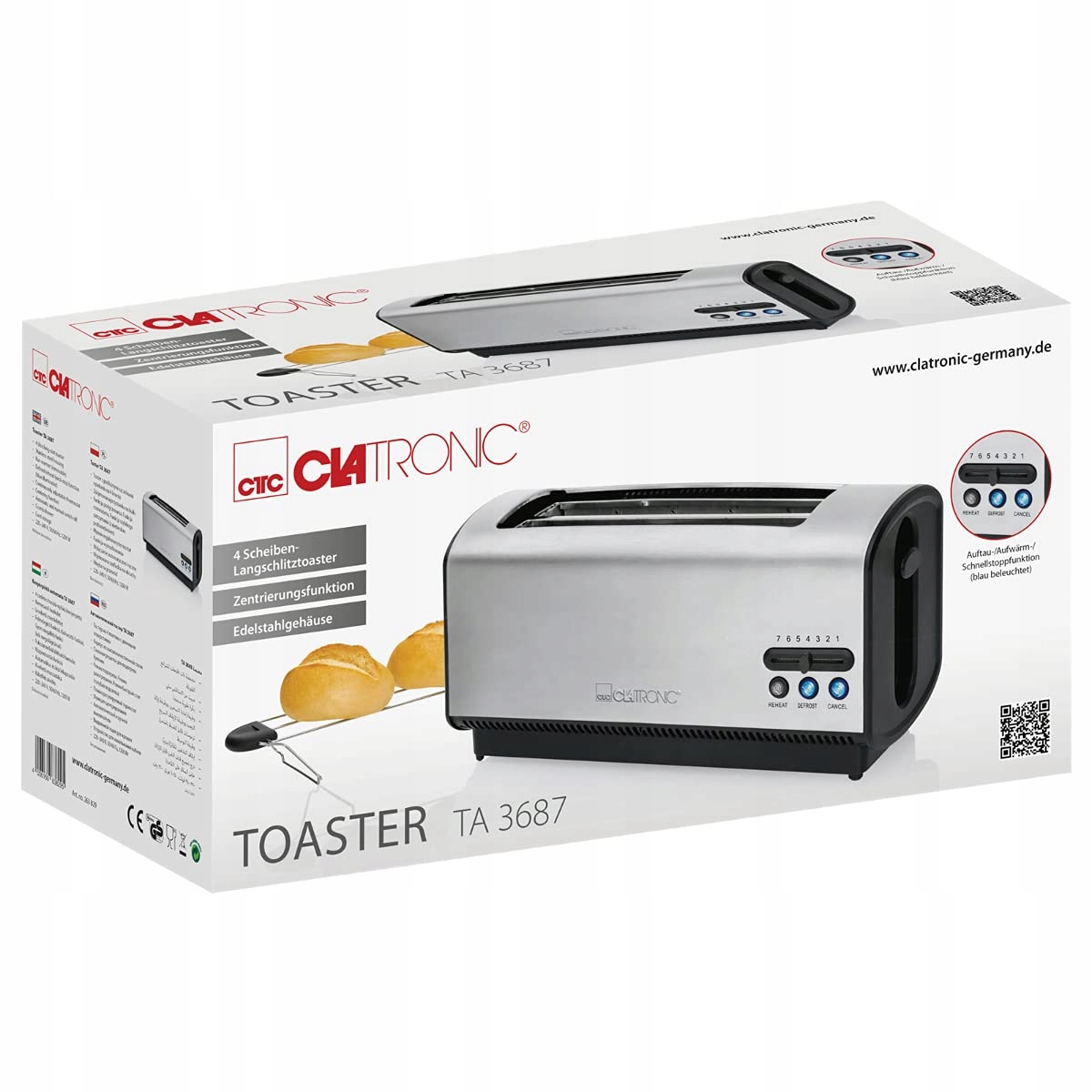 CLATRONIC TA 3687 Toster Długi 4 Kromki Funkcja Rozmrażania i Podgrzewania — miniatura 7