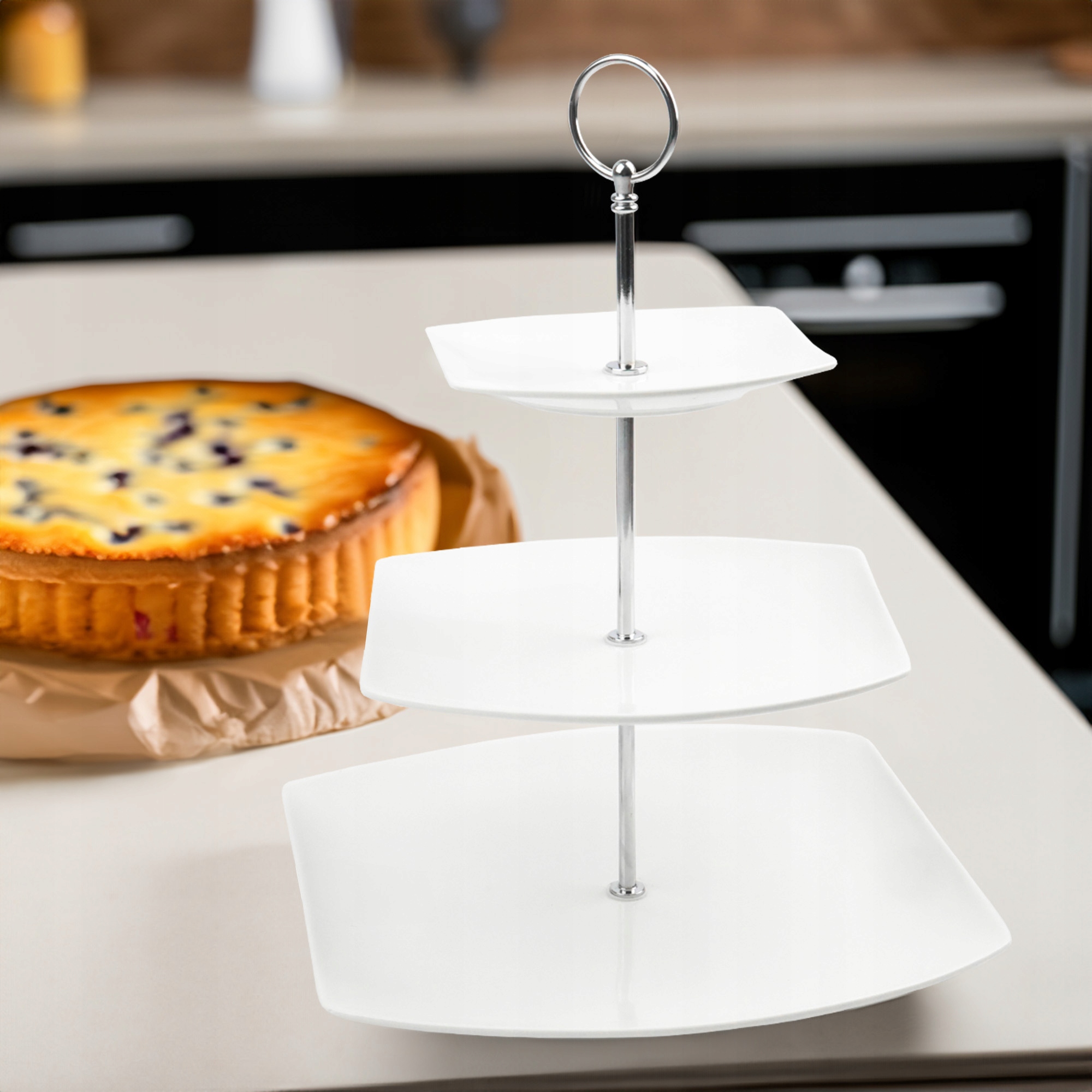 PATERA PORCELANOWA PIĘTROWA BIAŁA NOWOCZESNA NA CIASTO OWOCE 3-POZIOMOWA