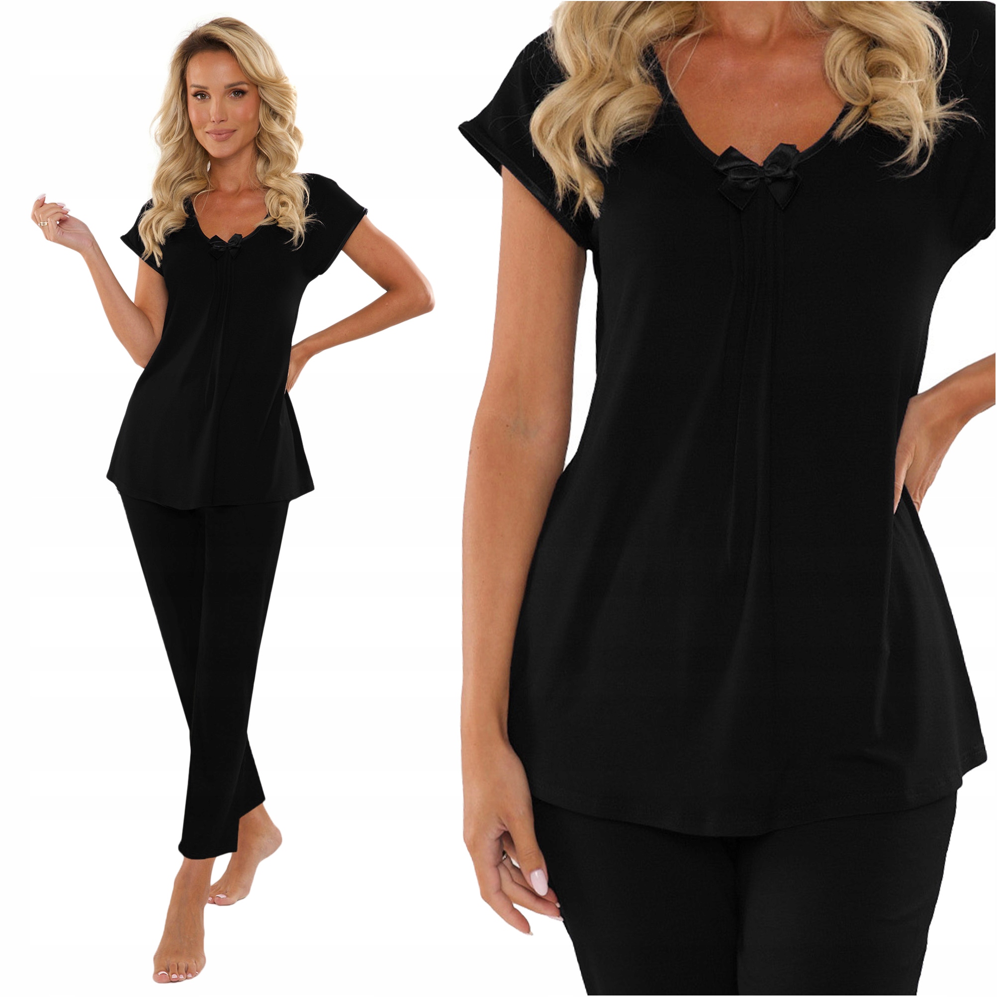 Piżama damska długie spodnie krótki rękaw De Lafense Visa 869 czarna L