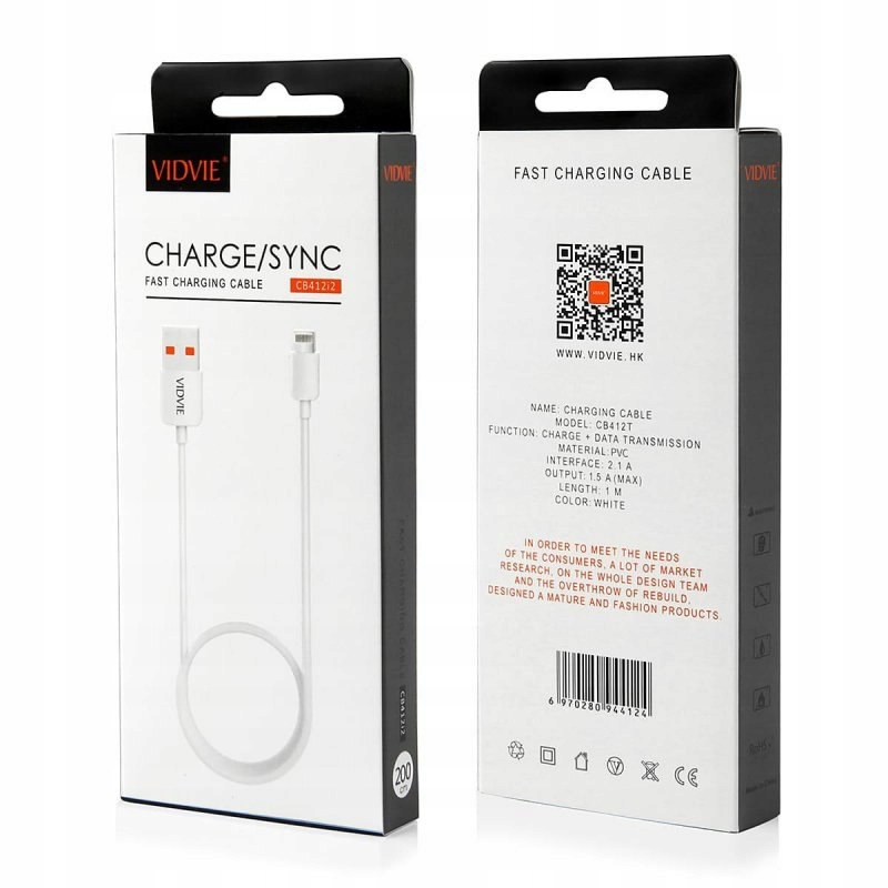 Kabel Vidvie CB412-2 USB/iPhone 2.1A, 2m biały