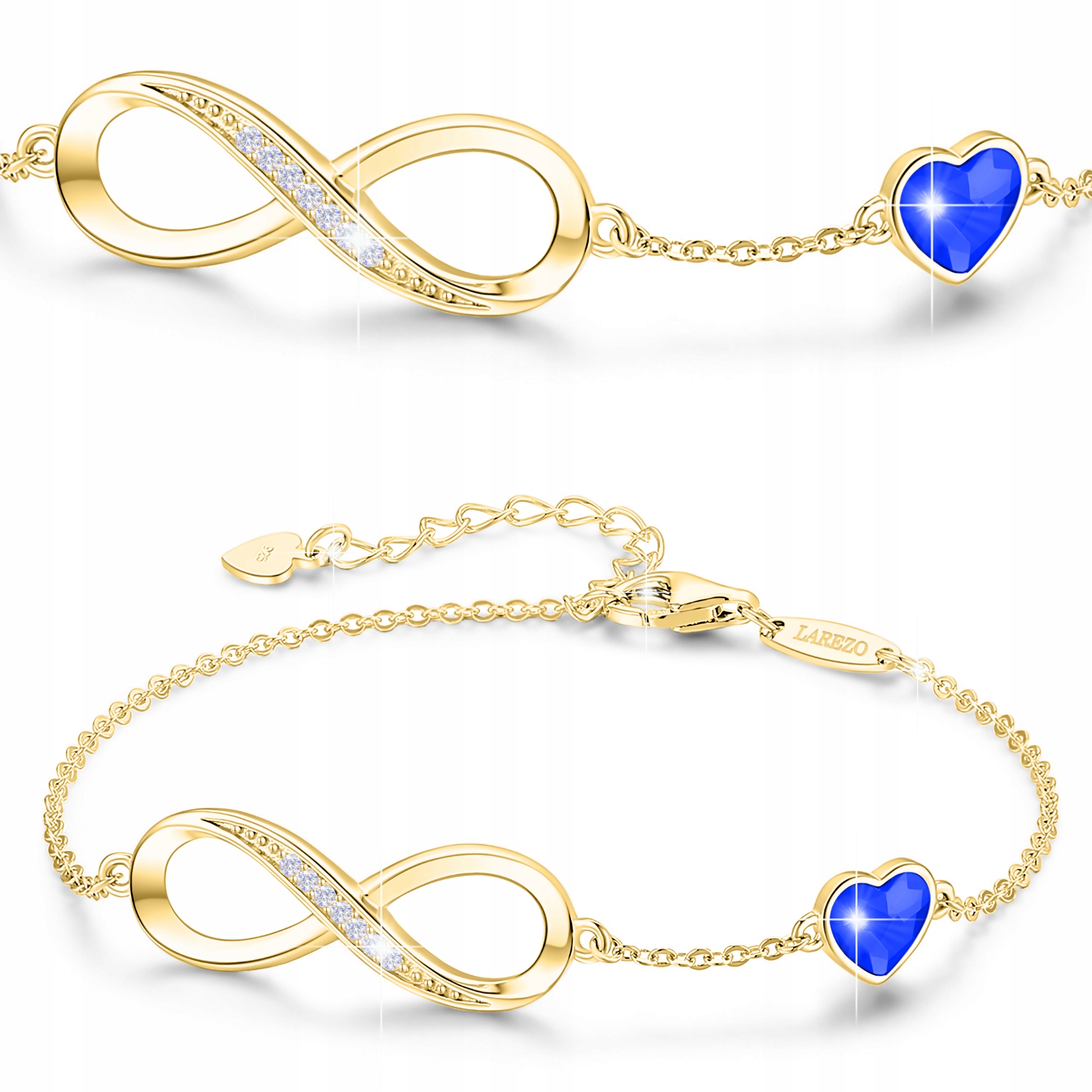 Dlouhý Zlatý Náramek 925 Nekonečno Modré Srdce Pozlacený 585