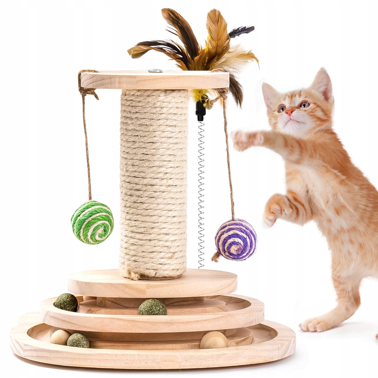 Levně Dřevěná Hračka Pro Kočky Interaktivní, Dvouúrovňová, S Škrabadlem A Pírkem