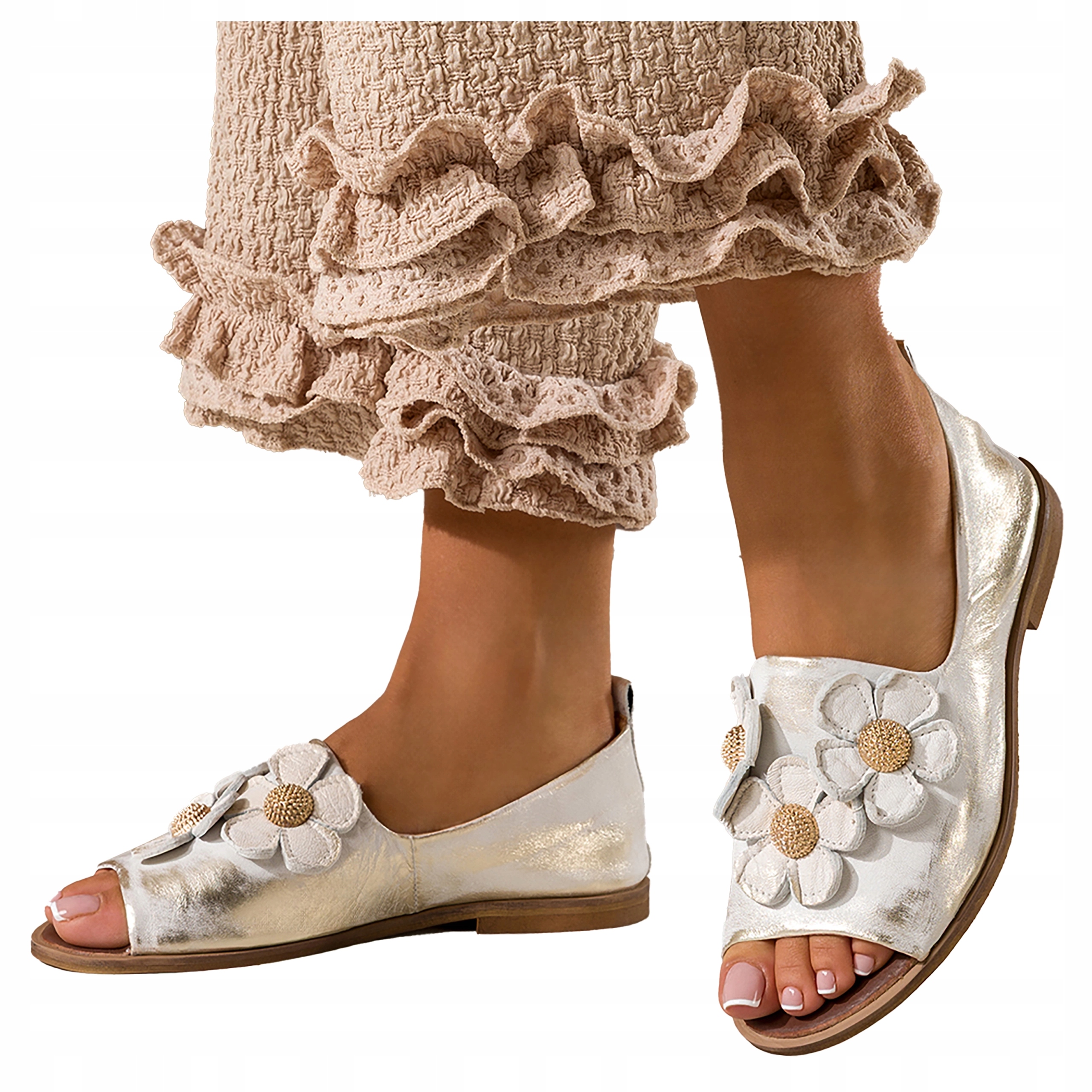 Kožené dámské zlaté Sandály s ozdobnými květy, ploché, velikost 37