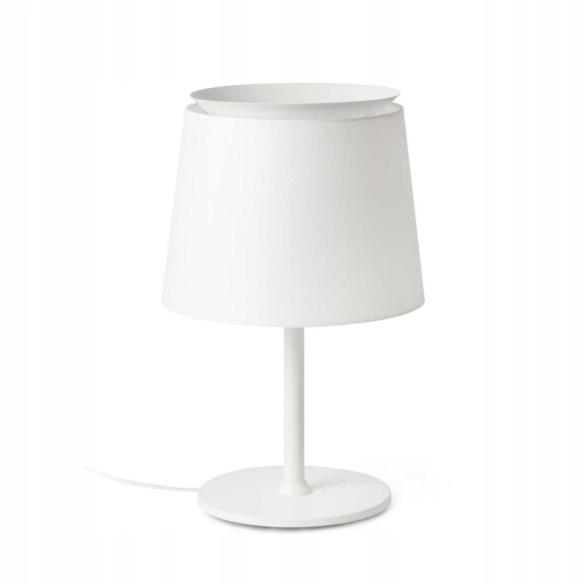 Faro Savoy biela stolná lampa, E27, matná oceľ, textilné tienidlo, 15 W