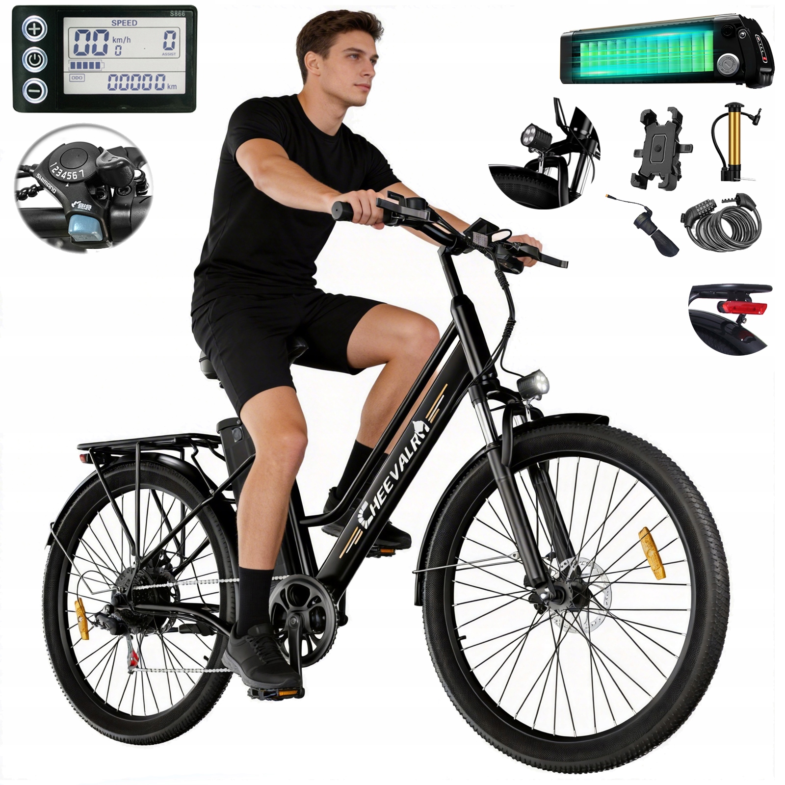 Rower elektryczny miejski 250W 15AH 100KM Cheevalry 26" E-bike Męski/Damski