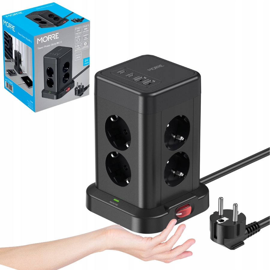 Listwa zasilająca Wieżowa 12w1 – 8 Gniazd 2x Usb-c 2xUSB-A 2M 3680W