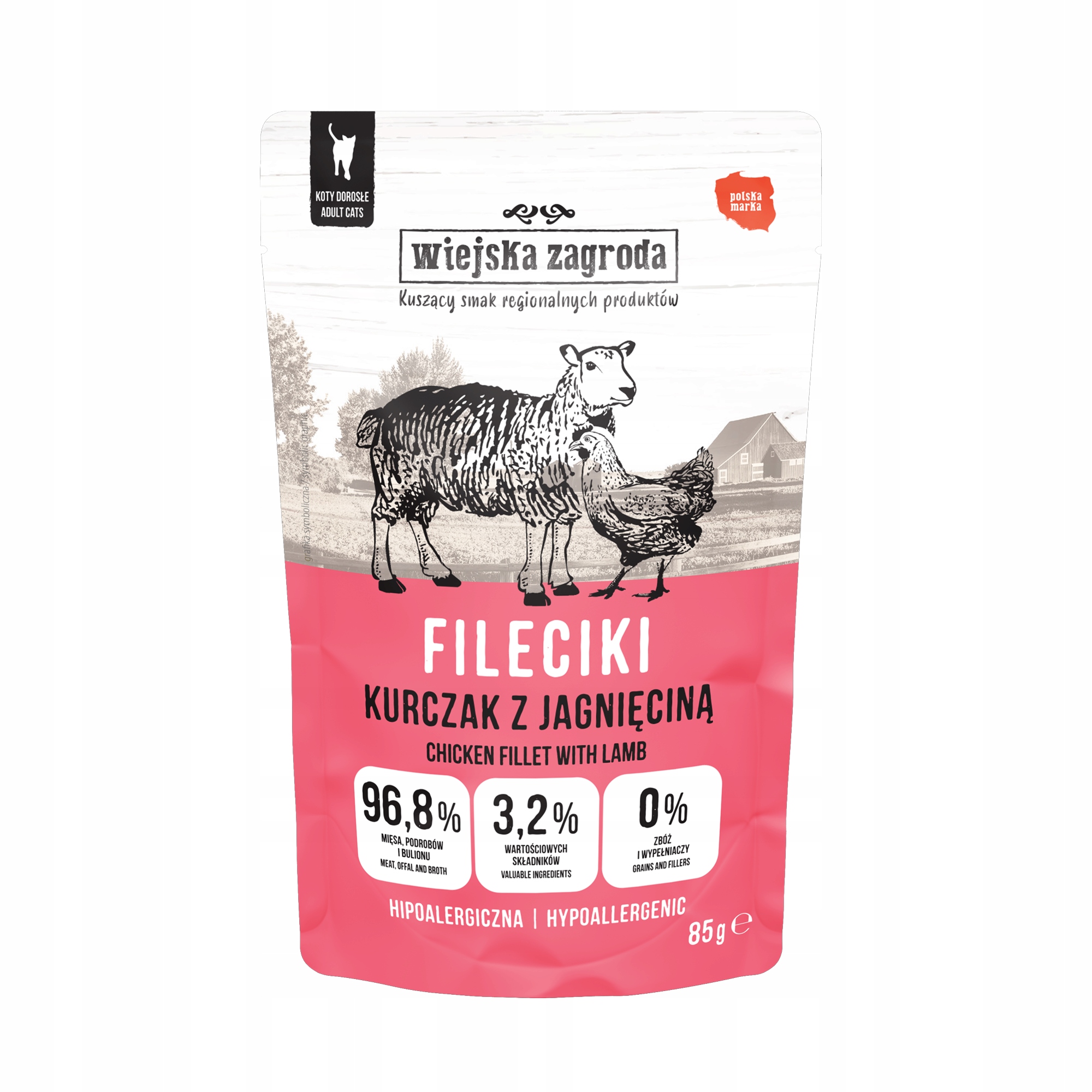Levně Wiejska Zagroda Krmivo mokrá pro kočky Filety Kuře s jehněčím 85g