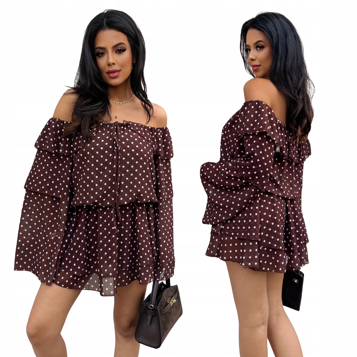 Španělská čokoládová kombinéza s puntíky, gumička v pase, odhalená ramena