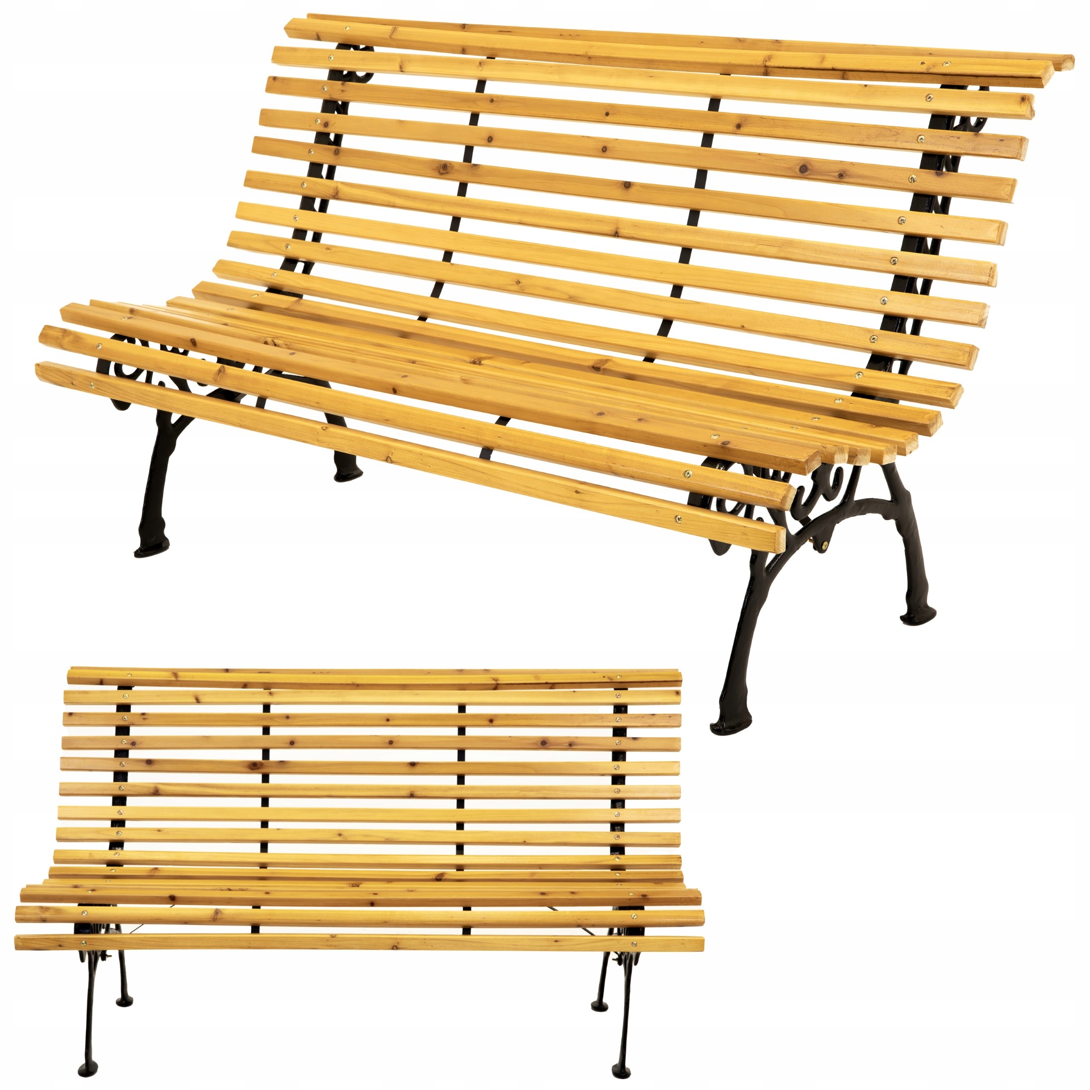 Drevená záhradná lavička s Parkovým operadlom, drevo na oceľovom rošte, Veľká