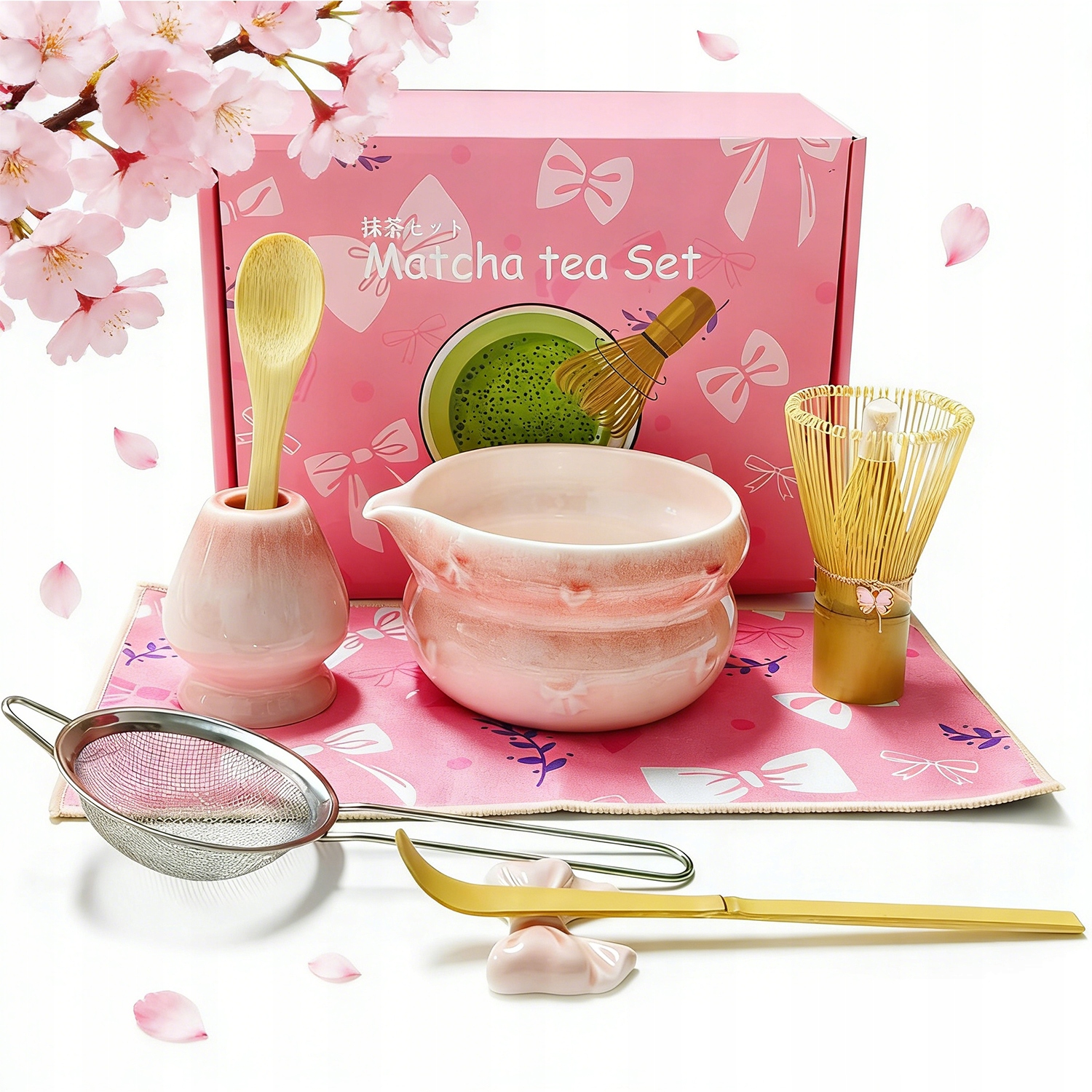 Bambusowy Zestaw Prezentowy Do Herbaty Matchy Chashaku Różowy
