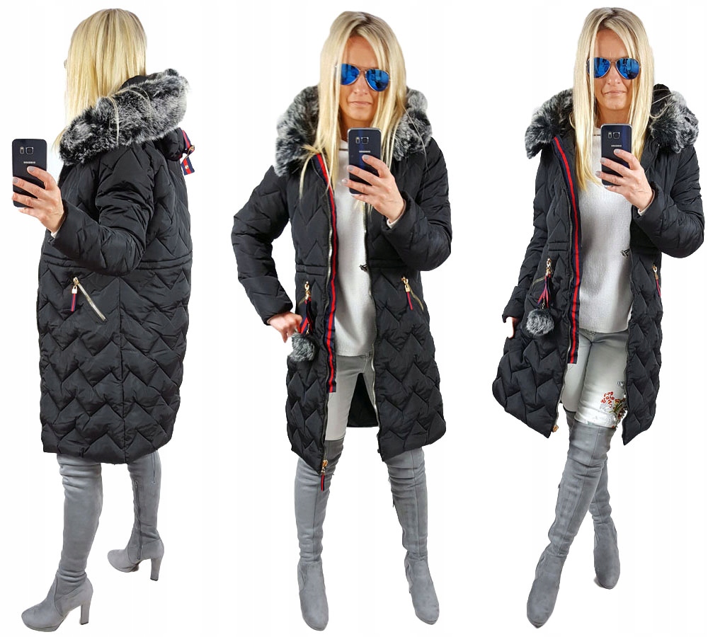 

Pikowany Długi Płaszcz Kurtka Zygzak Parka Futr Xs