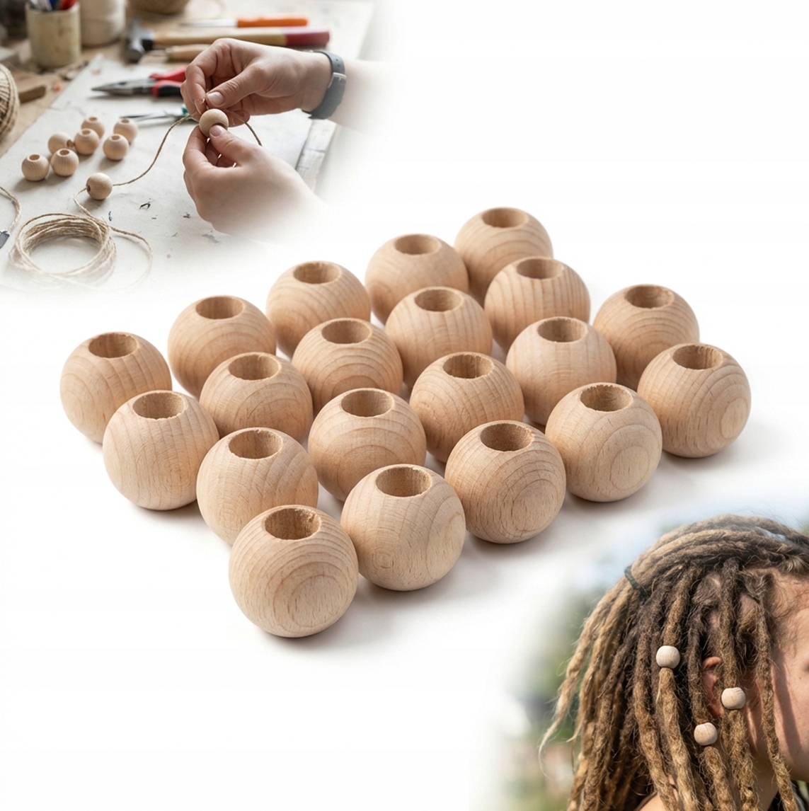 Sada 20 Bukových Kuliček 3 cm s otvorem pro Dredy Makramy Montessori a Diy