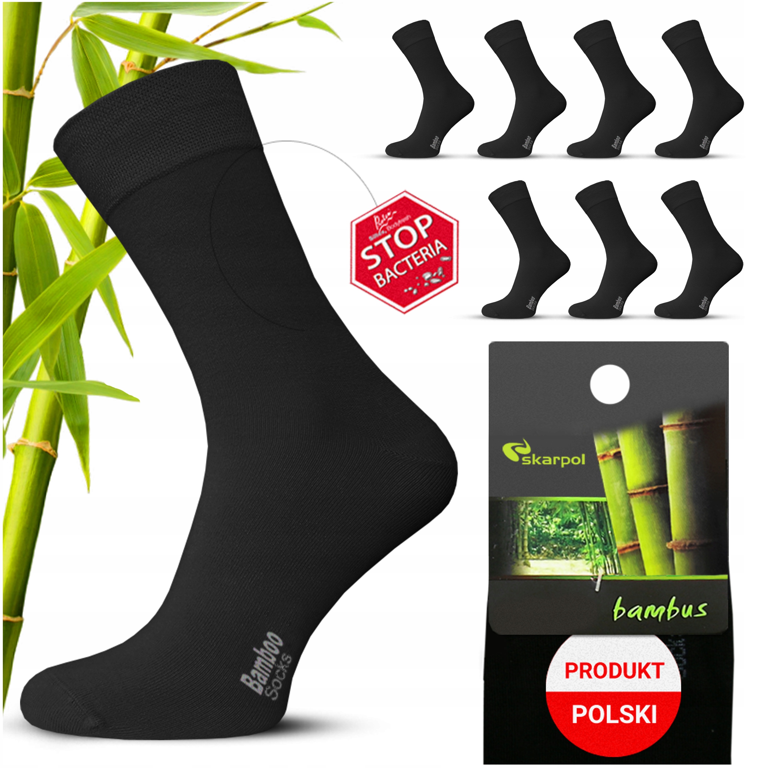 7x Skarpetki Bambusowe męskie skarpety garniturowe skarpol Ag+ Czarne 39-41