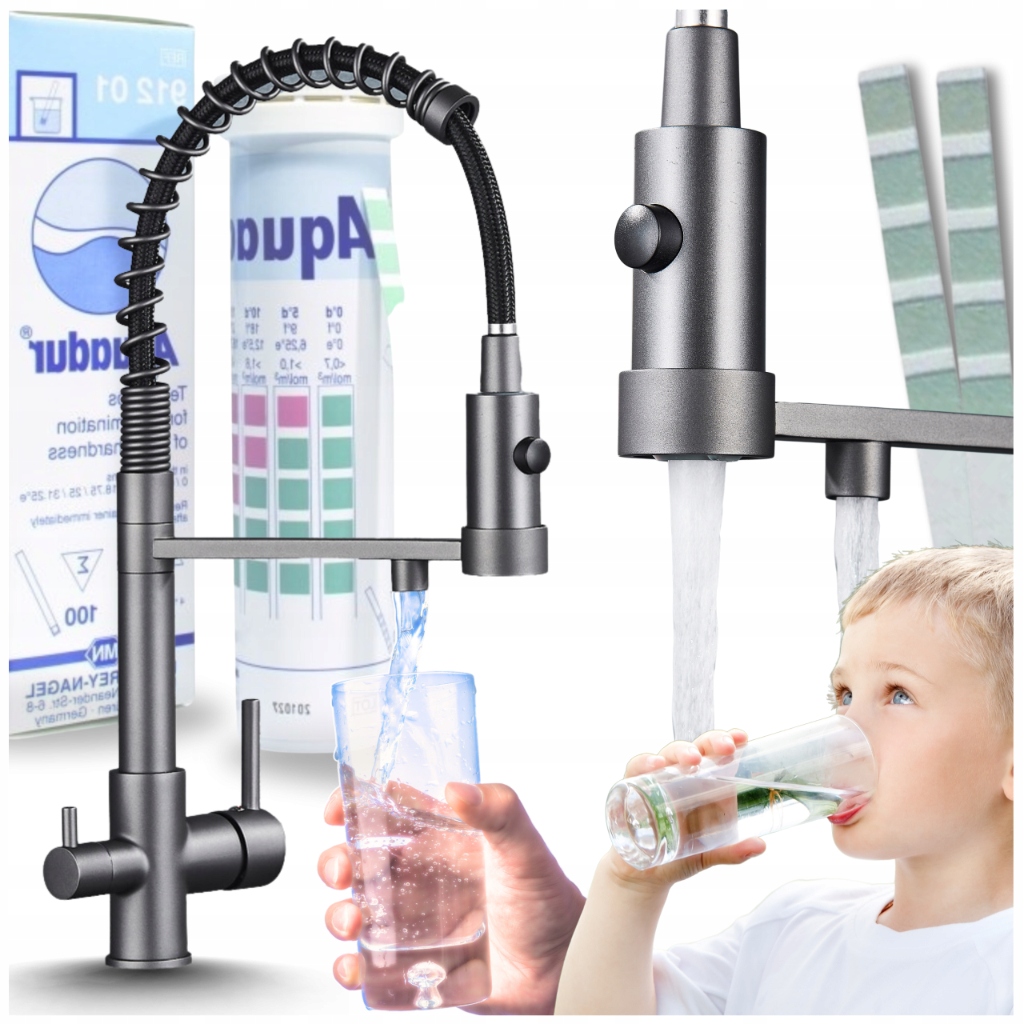 Kuchynská Bateria Trojcestná Pružný výtokový kohútik do kuchyne Filter Grafit