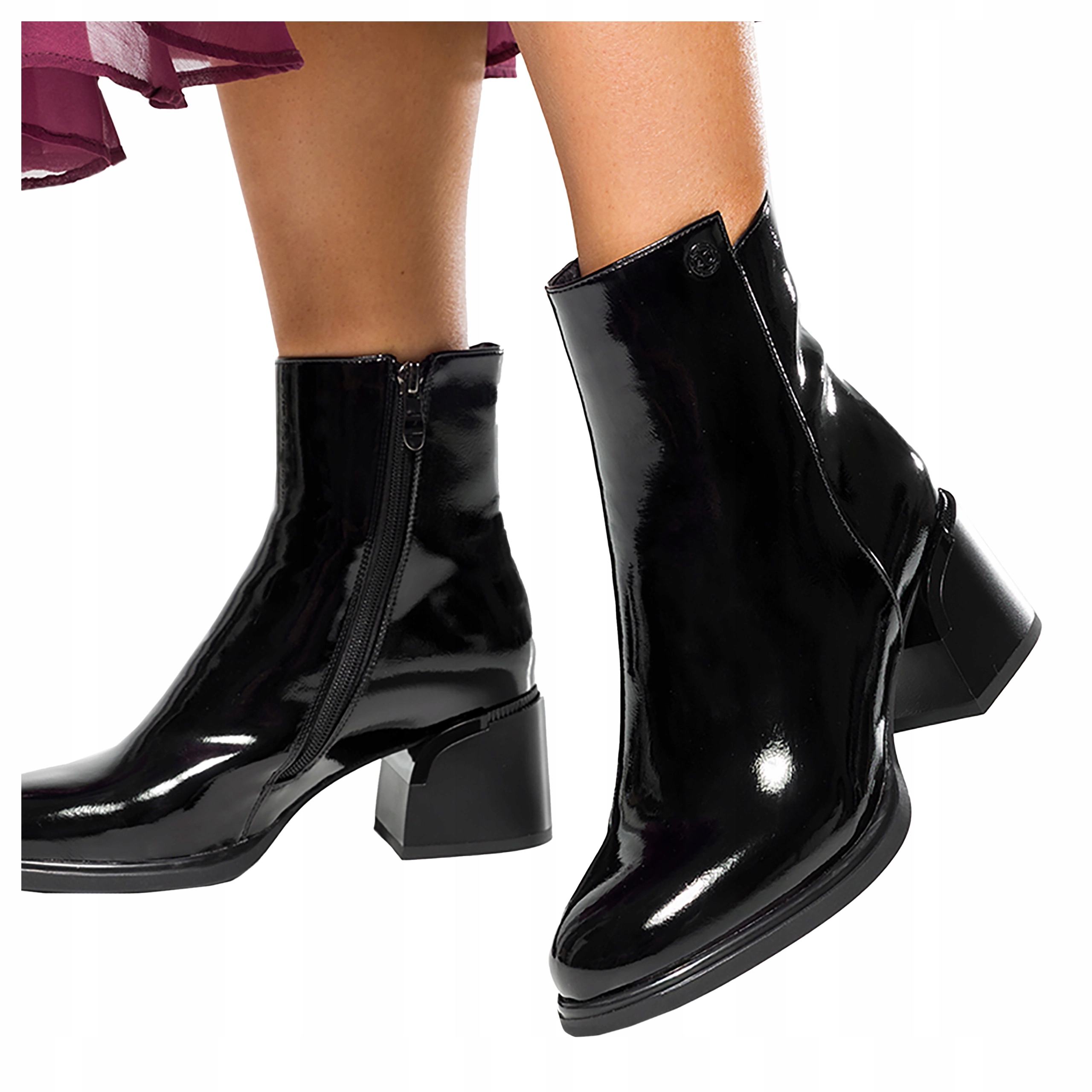 Černé dámské kotníkové boty Lakované na ozdobném podpatku na zip, velikost 36
