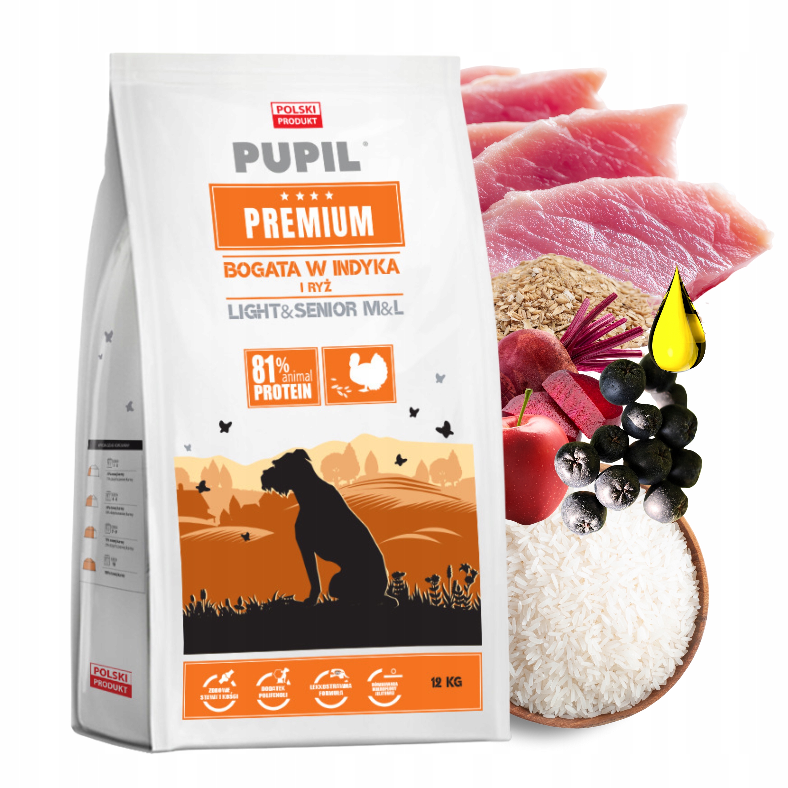 Levně Pupil Premium Senior Light krmivo pro psy Krůta rýže M/L 12 kg