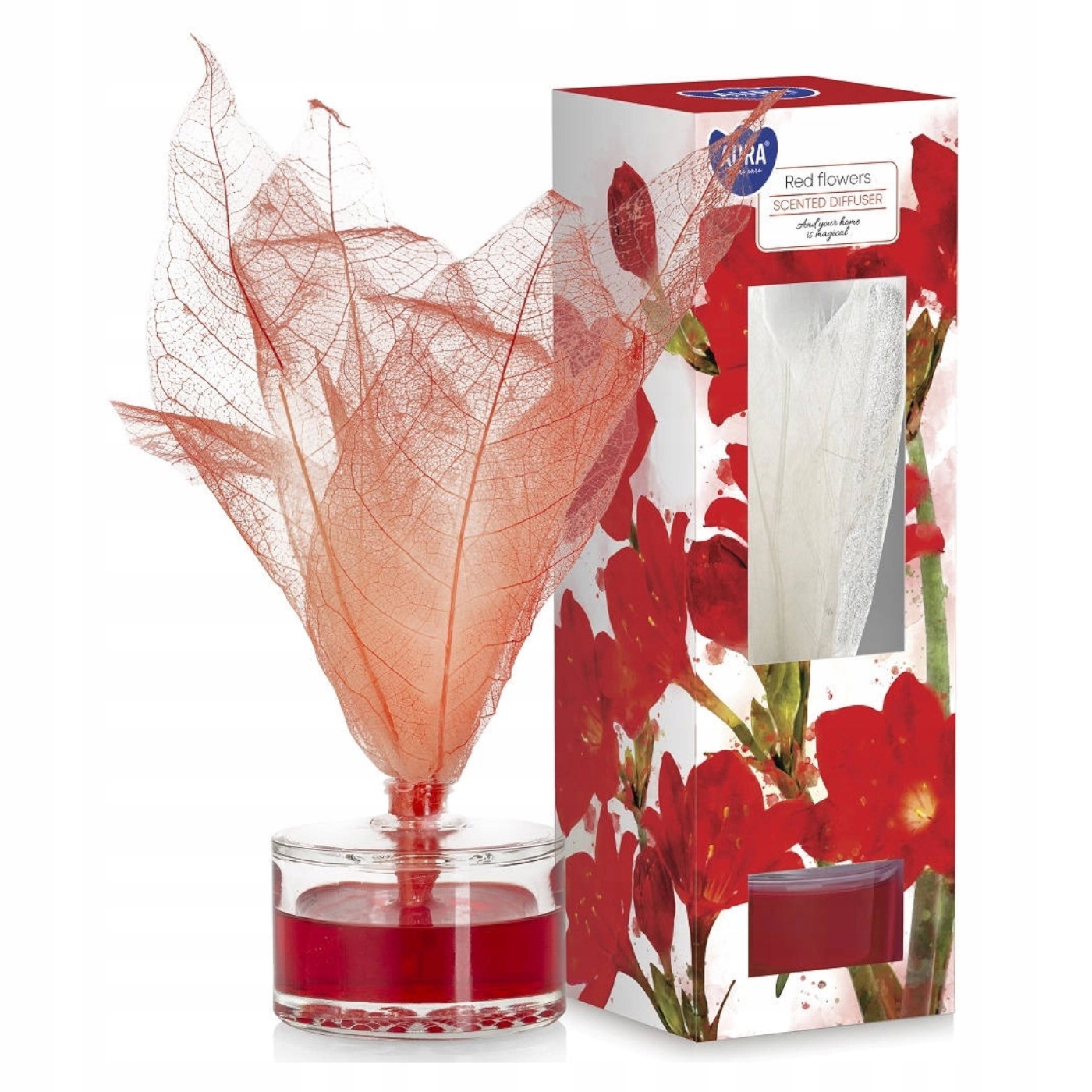 Dyfuzor zapachowy z liściem 50 ml Czerwone Kwiaty 18 cm do 4 tyg. Aura