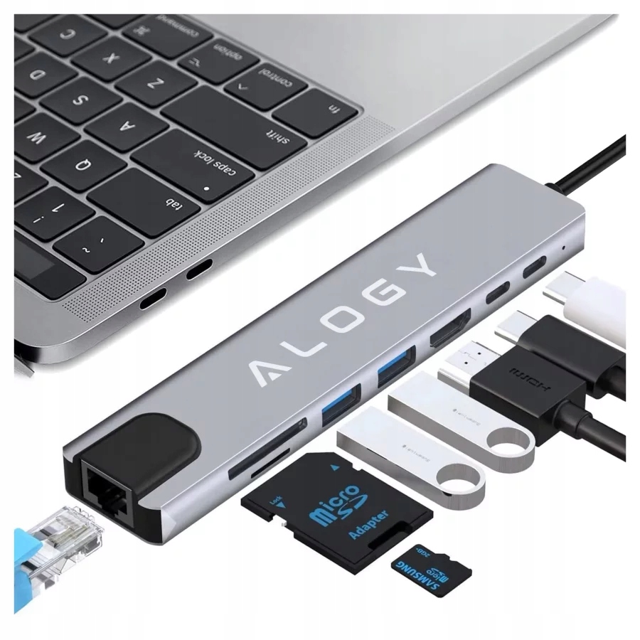 Hub USB Alogy hub 8w1 USB-C USB LAN SD 76792 8 portów