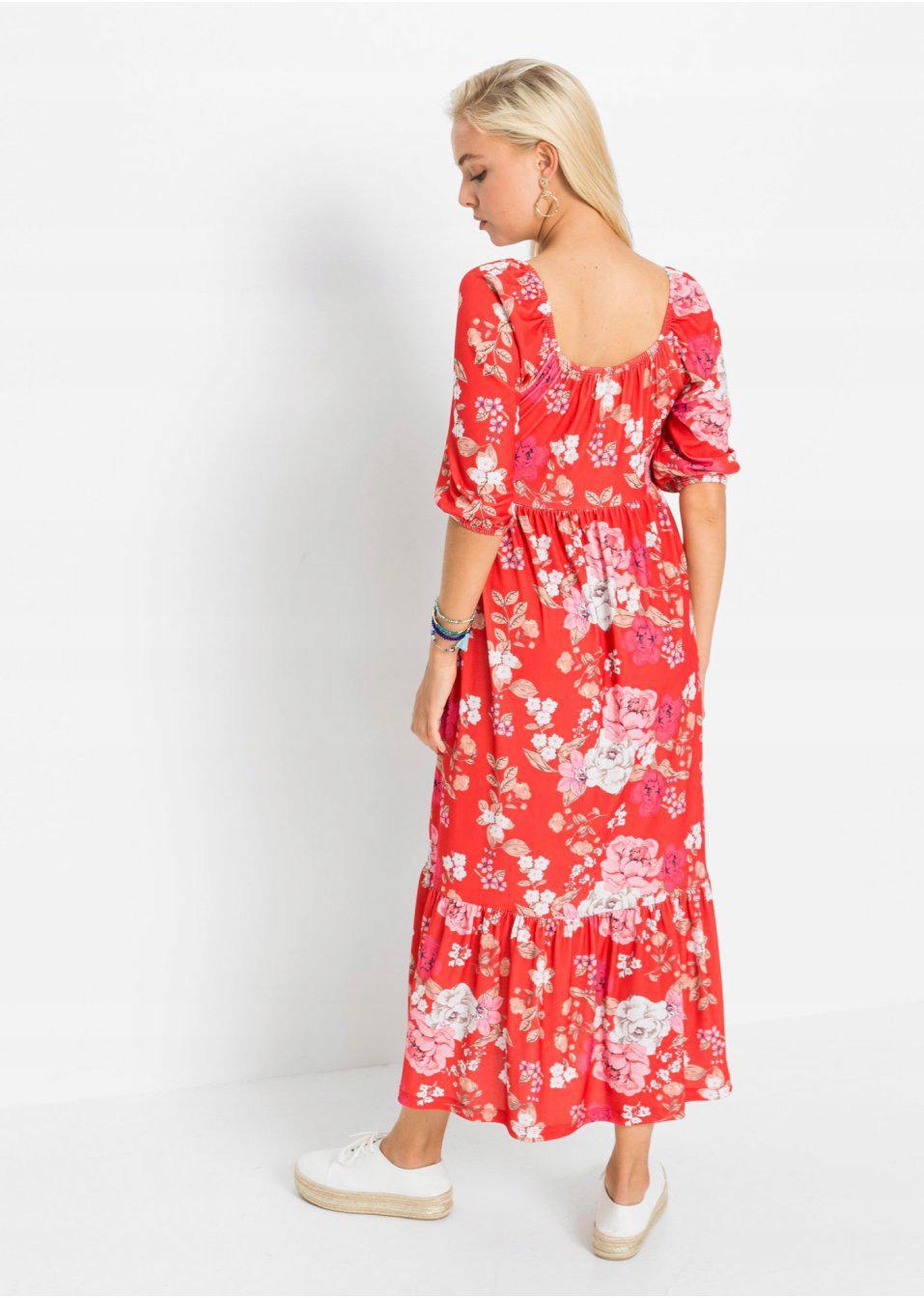 Bonprix 48 SUKIENKA MIDI W KWIATY Dekolt serek/dekolt V