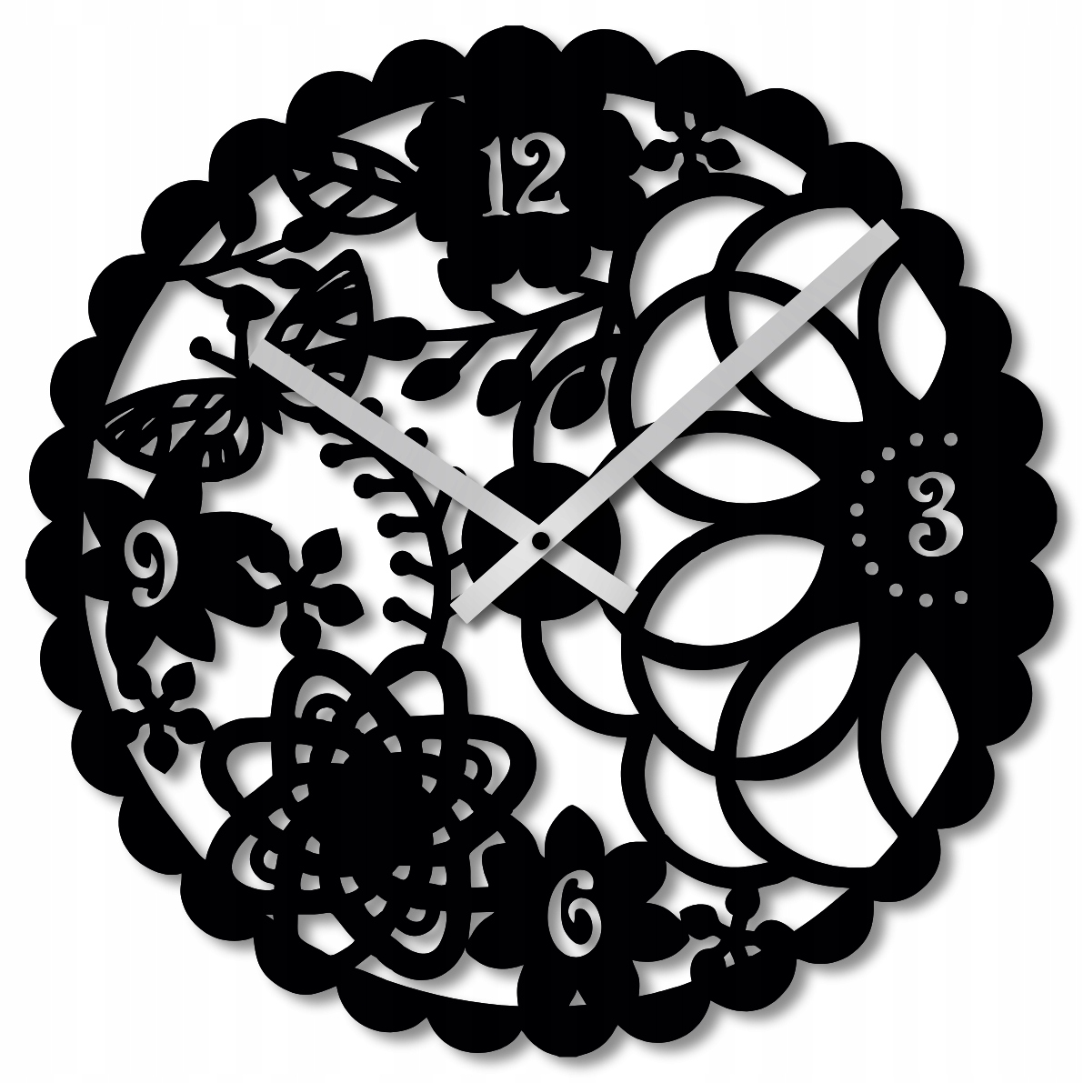 Nástěnné Hodiny 60 cm Dřevěné Nástěnné Hodiny Velké Černé Motýli Květiny 3D