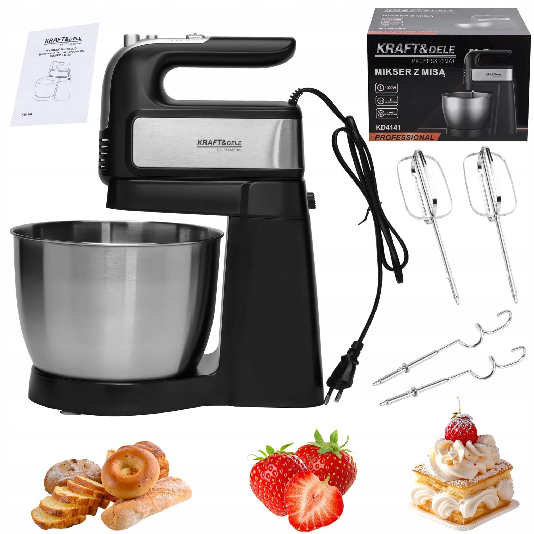 Kuchyňský Ruční Mixér S Mísou 1000 W 4,5 L, Robustní, S Podstavcem, Příslušenství