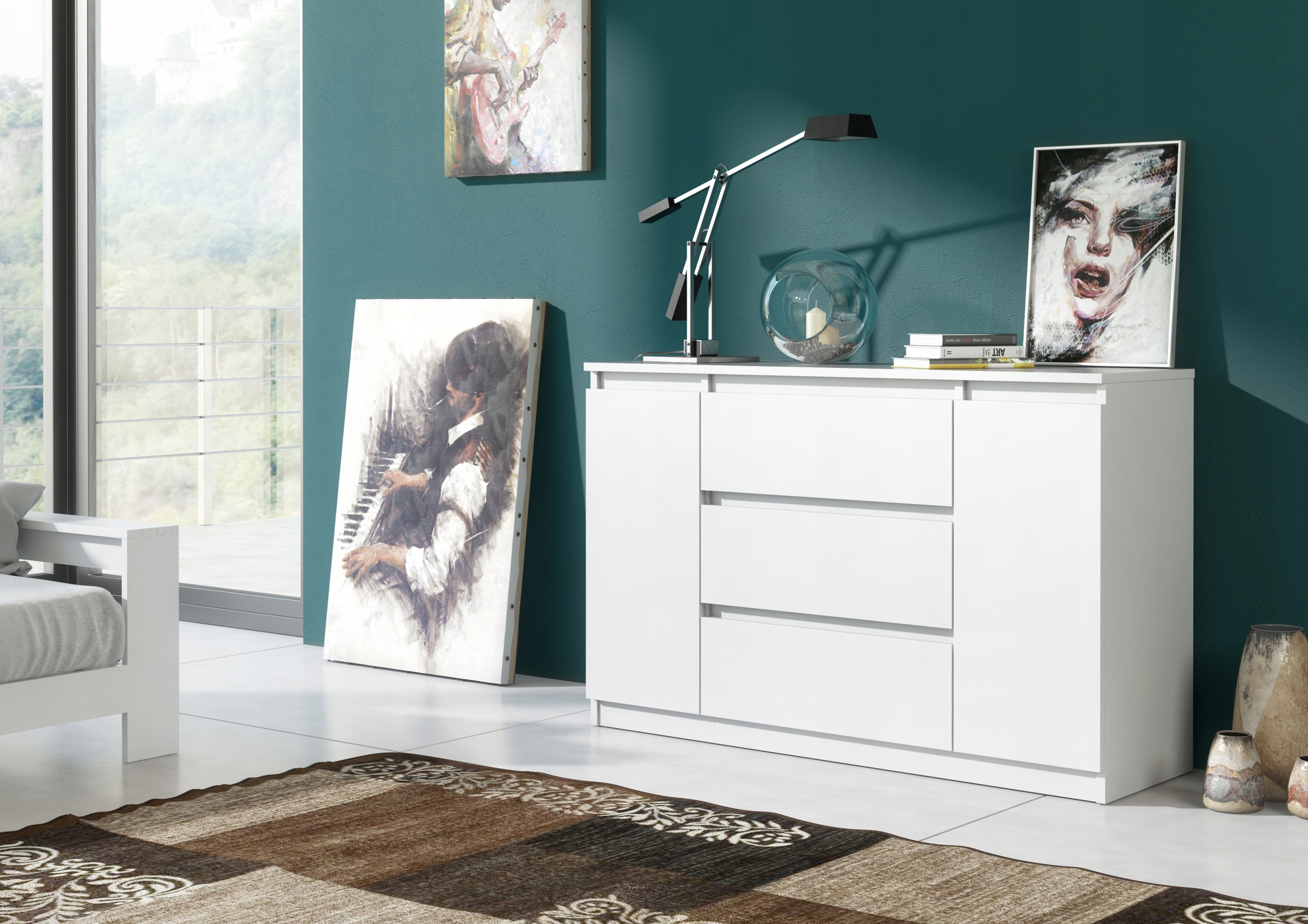 BIAŁA KOMODA 140CM 2 DRZWI 3 SZUFLADY SZAFKA Z PÓŁKAMI DO SALONU SYPIALNI Marka Meble Masztalerz
